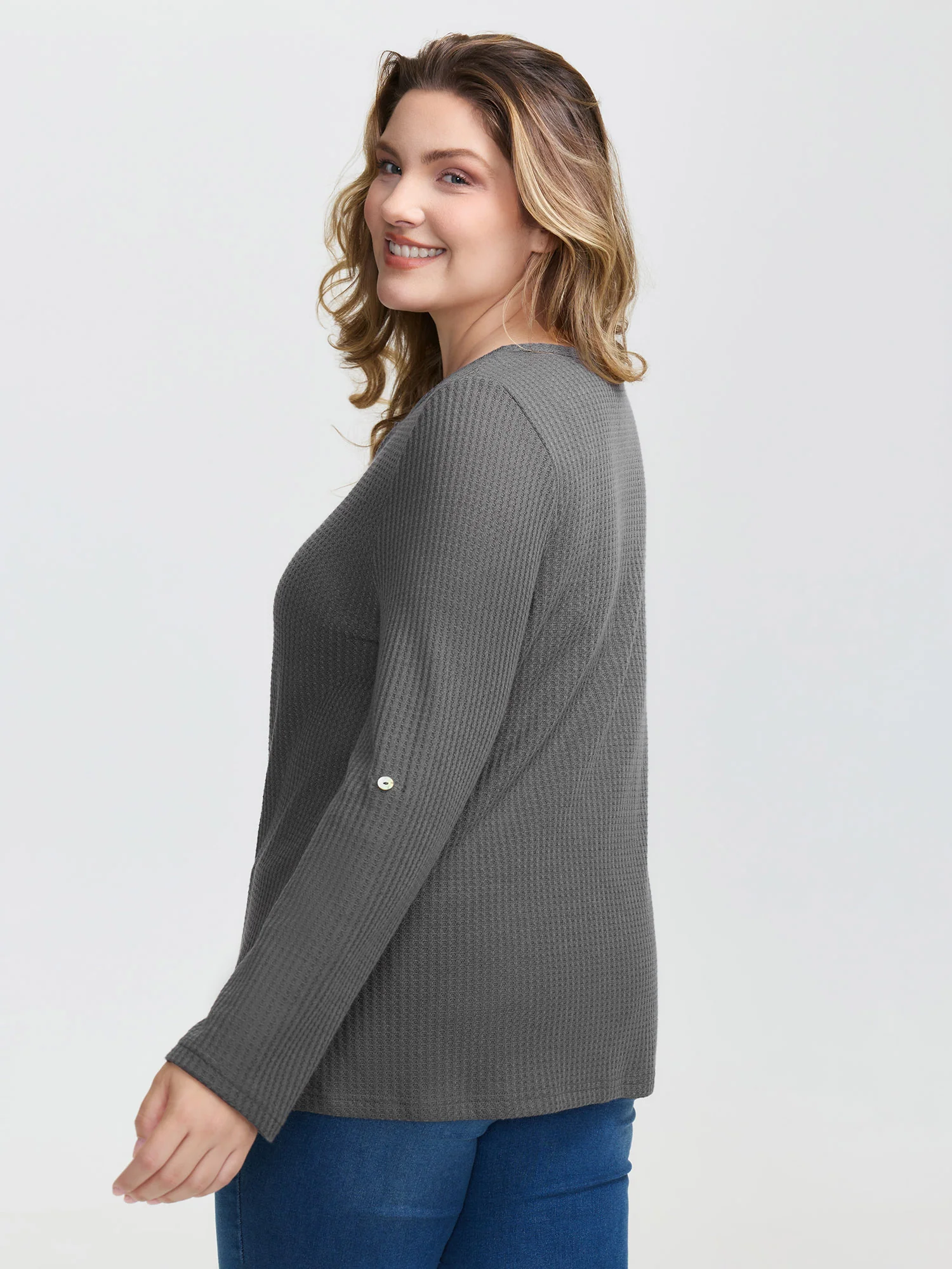 Notched Neck Tab Sleeve Waffle T-Shirt - Image 4