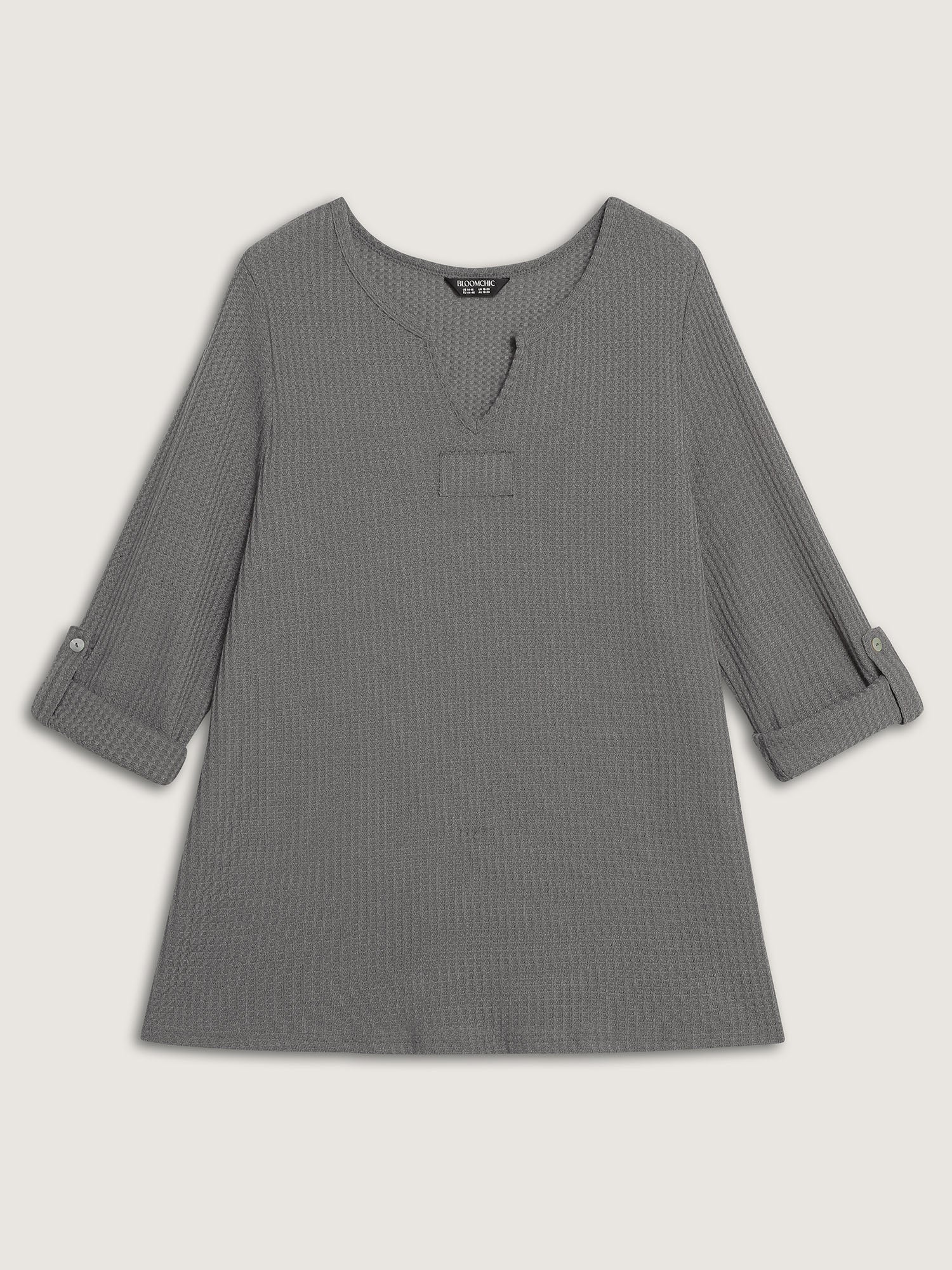 Notched Neck Tab Sleeve Waffle T-Shirt - Image 7