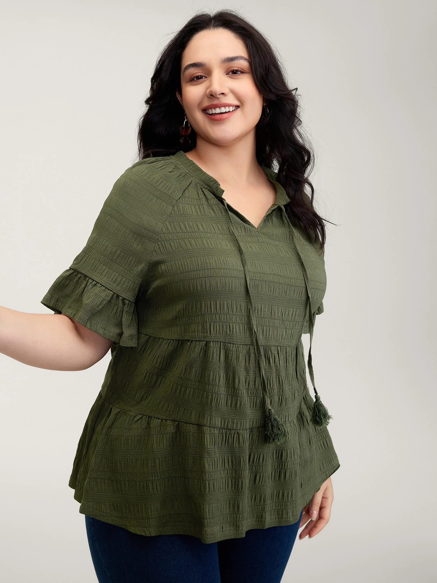 Notched Neck-Tie Crinkle Tiered Blouse - Image 2