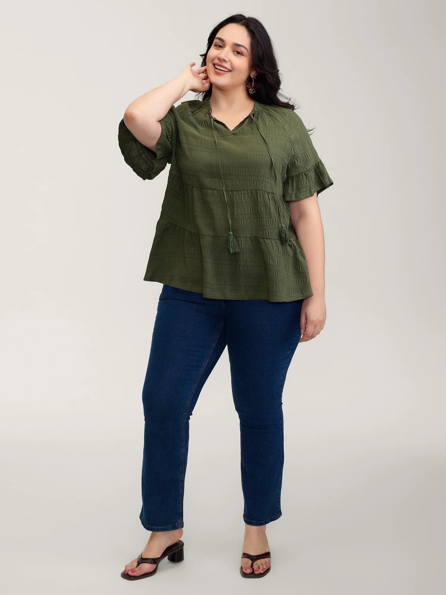 Notched Neck-Tie Crinkle Tiered Blouse - Image 3