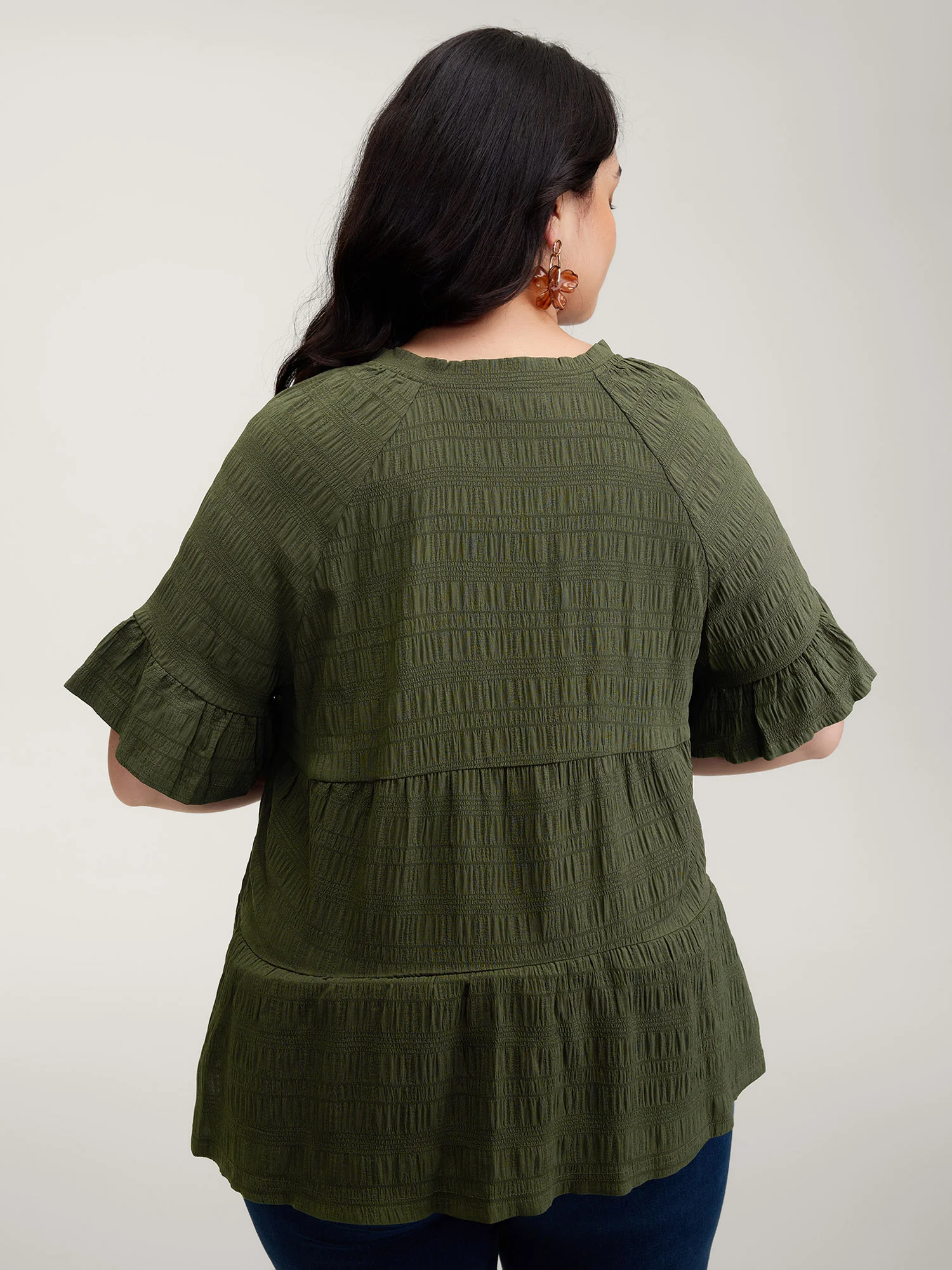 Notched Neck-Tie Crinkle Tiered Blouse - Image 4