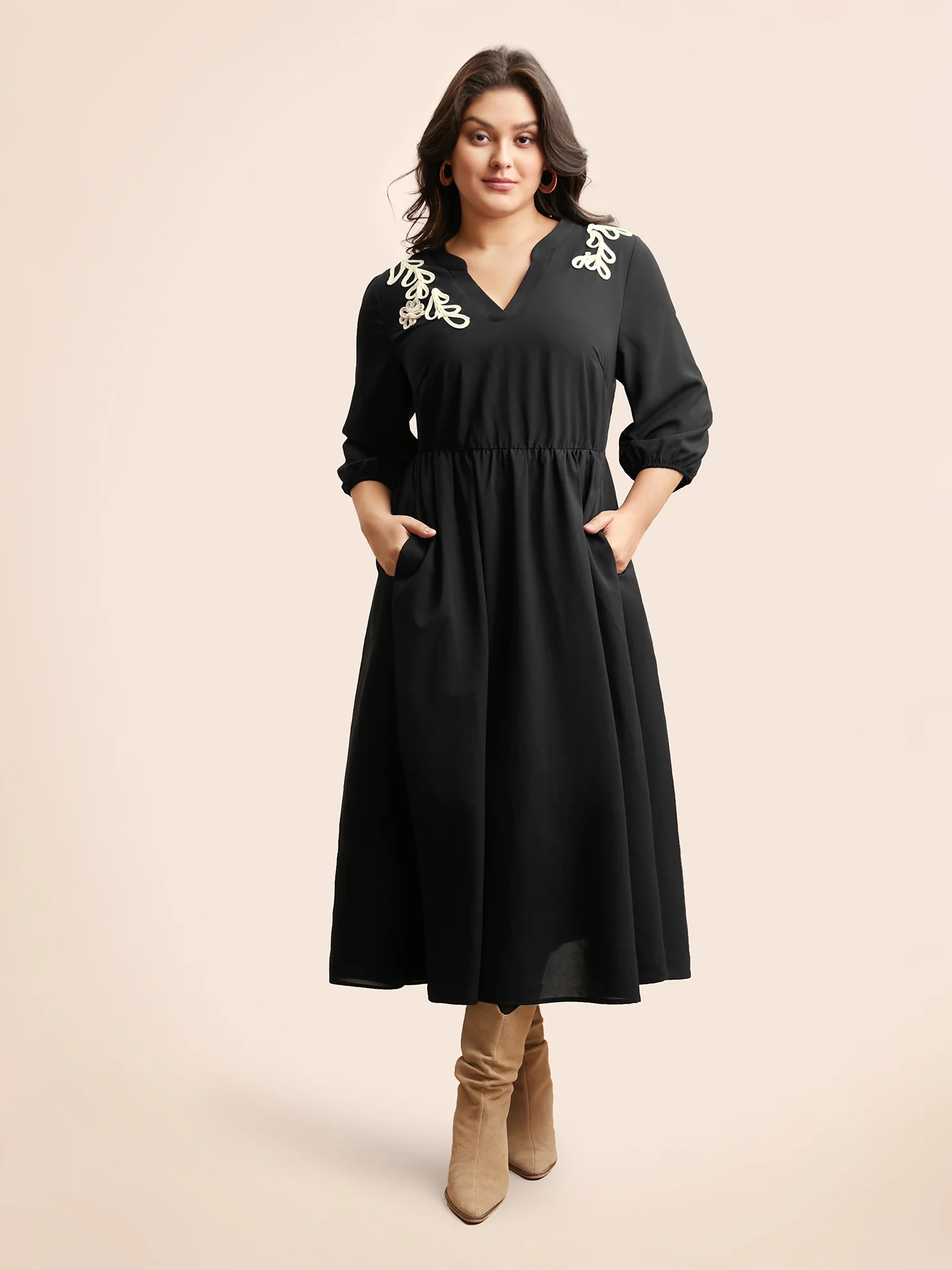 Notched Stereo Flower Design Midi Dress - Image 2