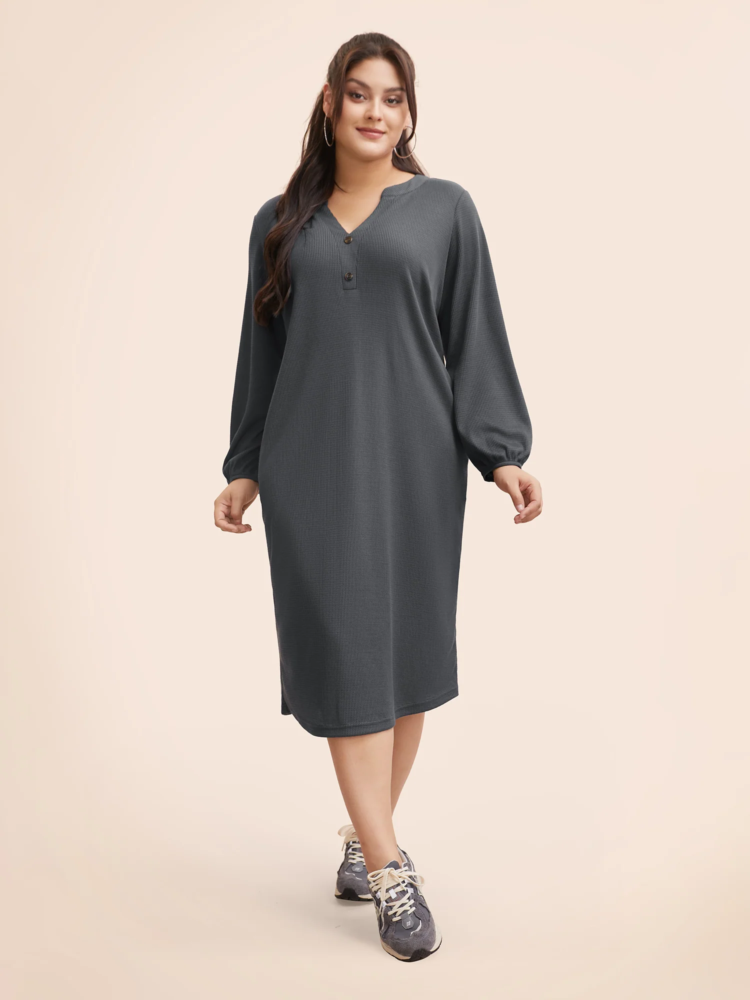 Notched Waffle Knit Button Detail Dress - Image 2