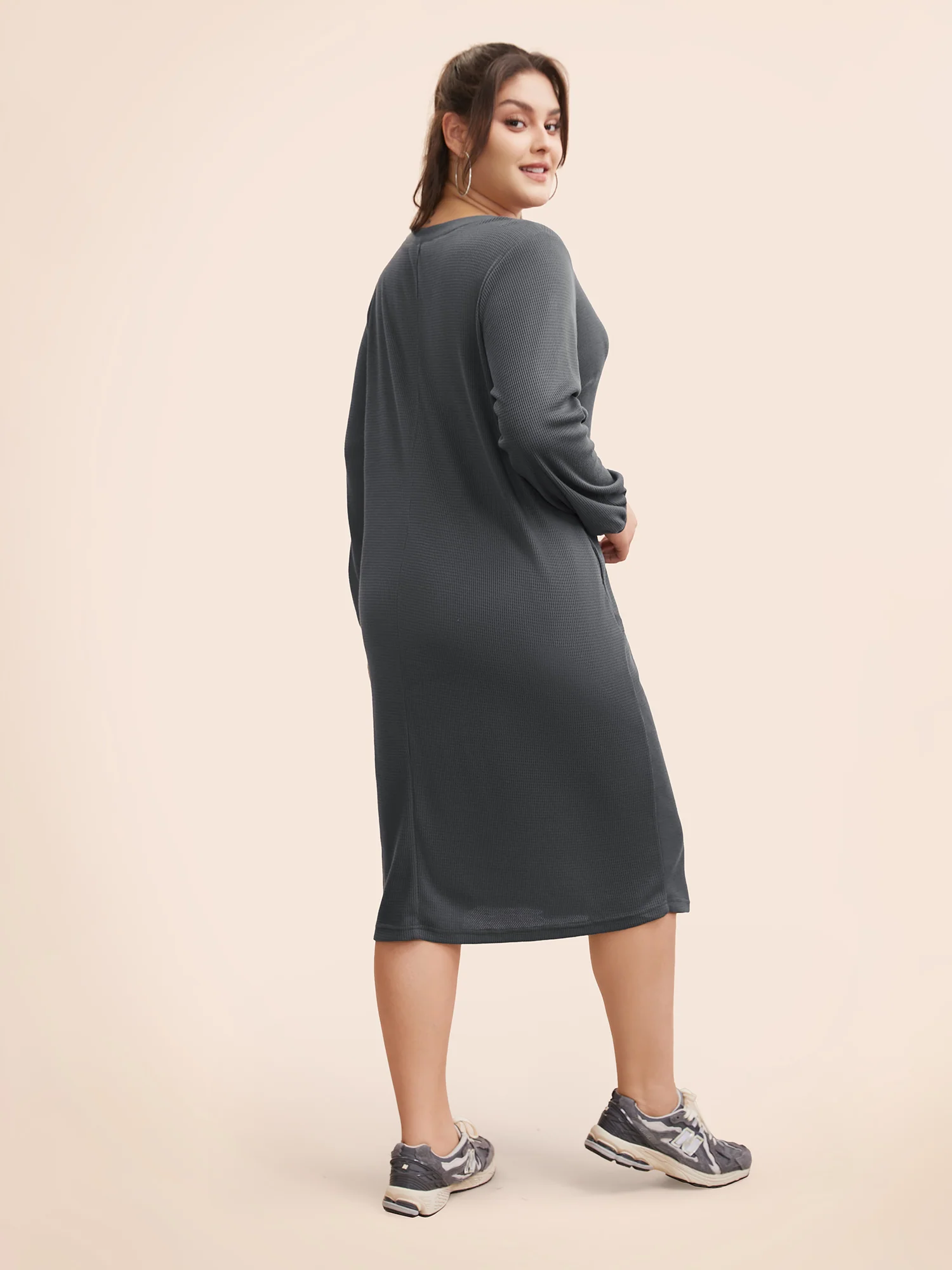 Notched Waffle Knit Button Detail Dress - Image 3