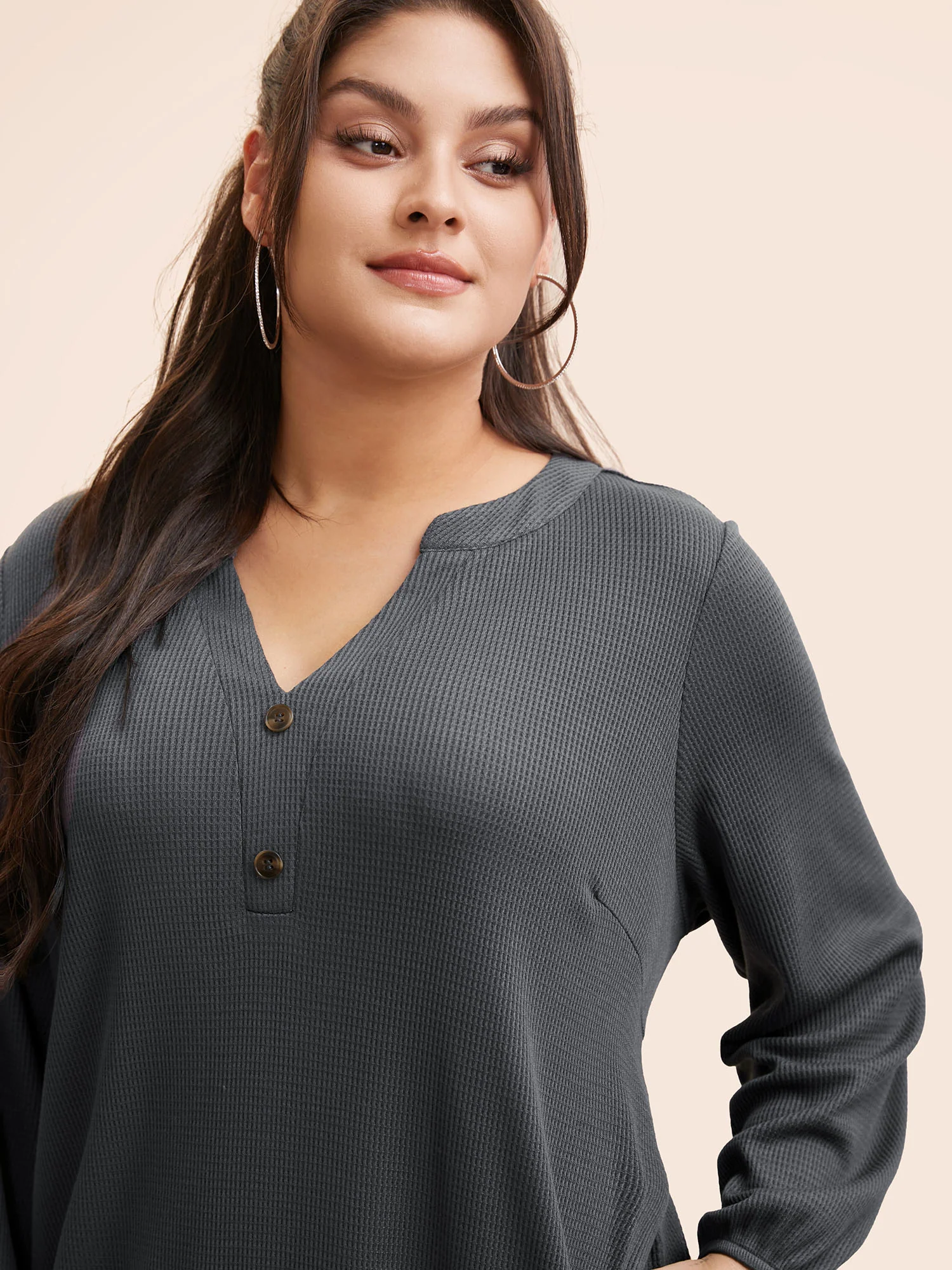 Notched Waffle Knit Button Detail Dress - Image 4