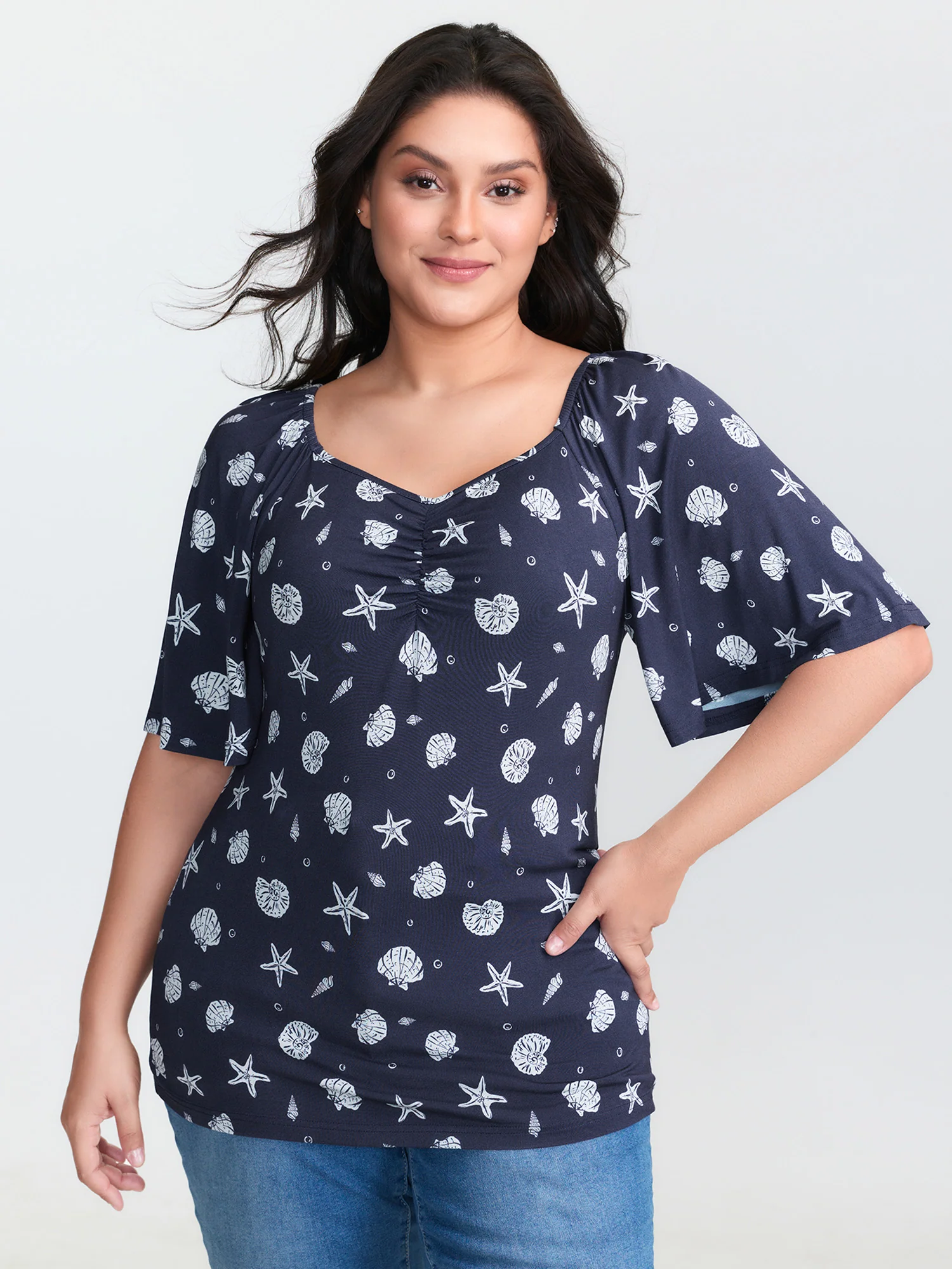 Ocean Element Print Sweetheart Neckline Top