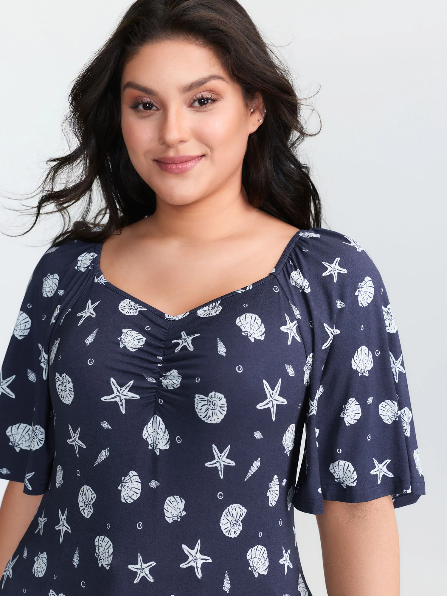 Ocean Element Print Sweetheart Neckline Top - Image 2