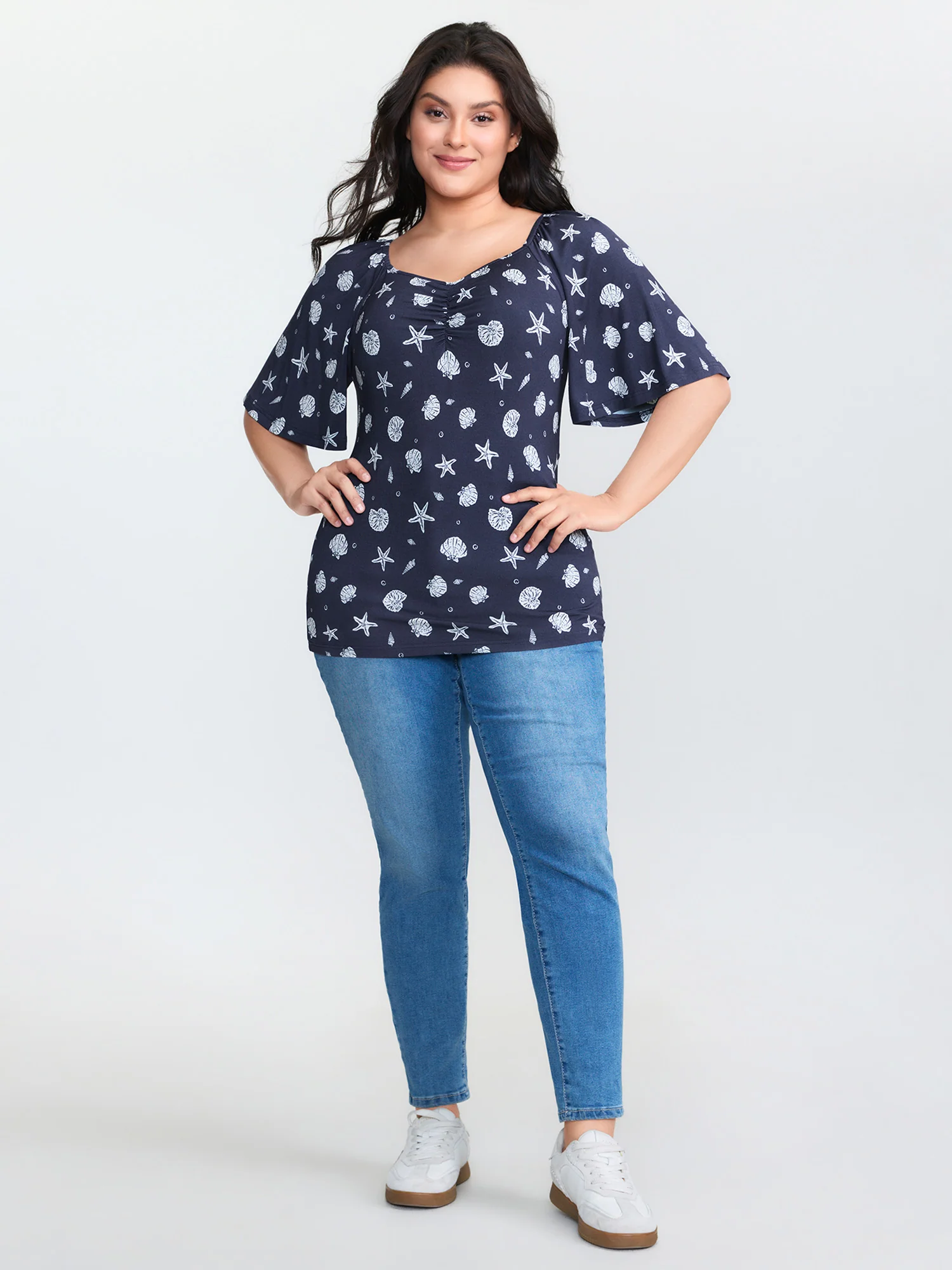 Ocean Element Print Sweetheart Neckline Top - Image 3