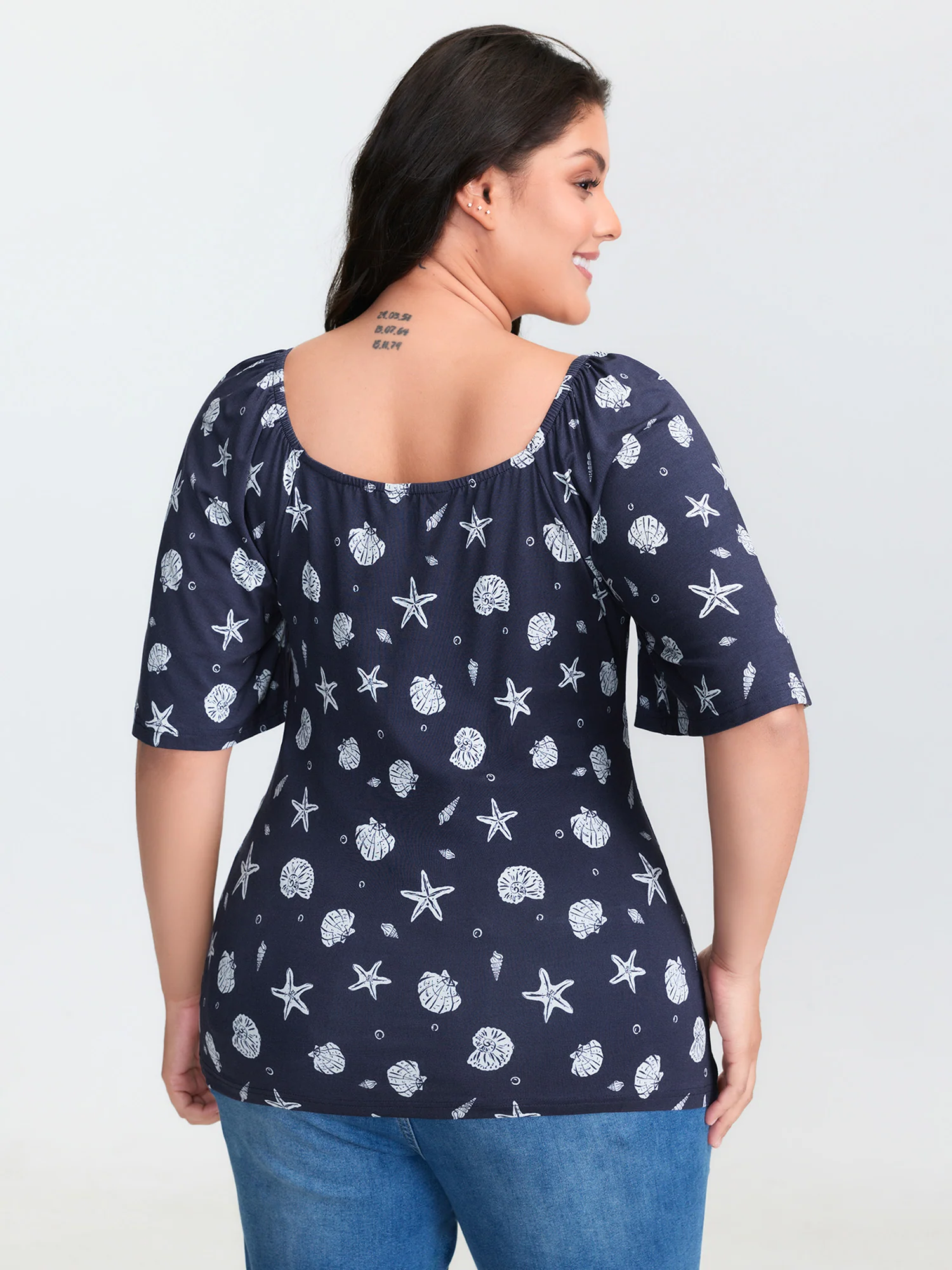 Ocean Element Print Sweetheart Neckline Top - Image 4
