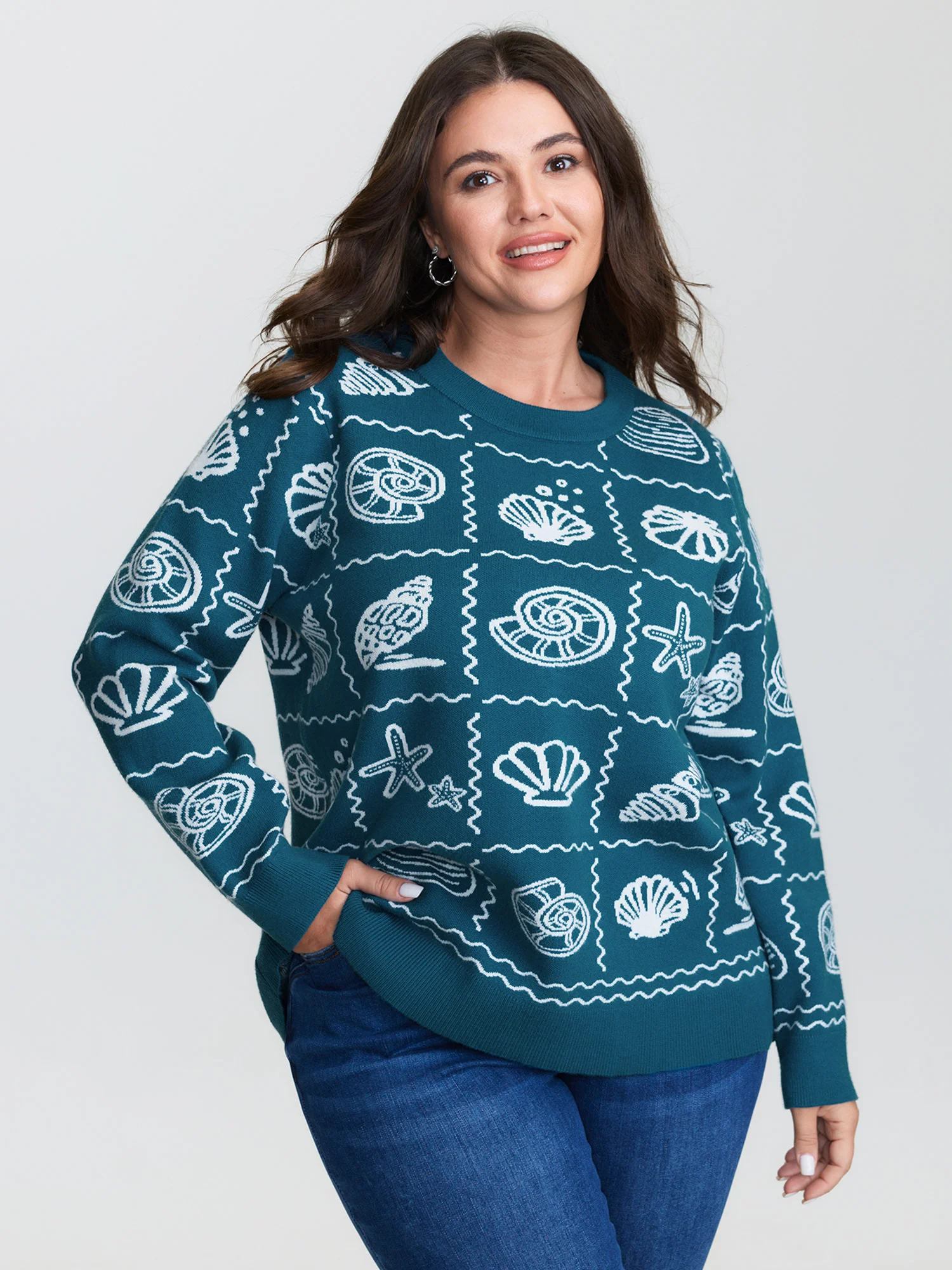 Ocean Pattern Jacquard Ribbed Hem Pullover