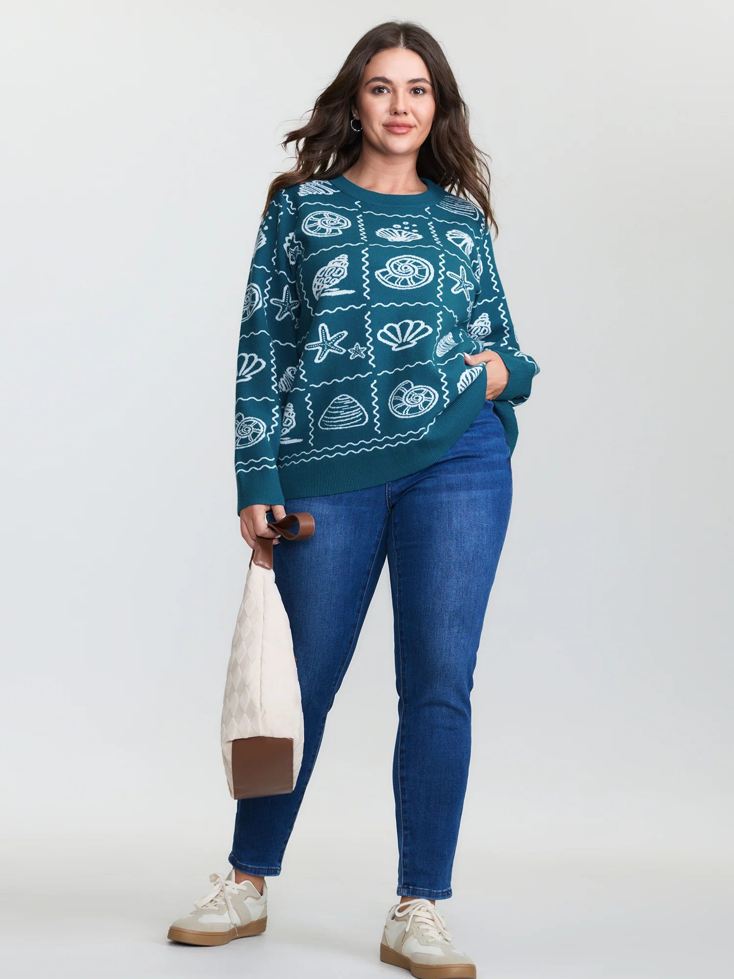 Ocean Pattern Jacquard Ribbed Hem Pullover - Image 3
