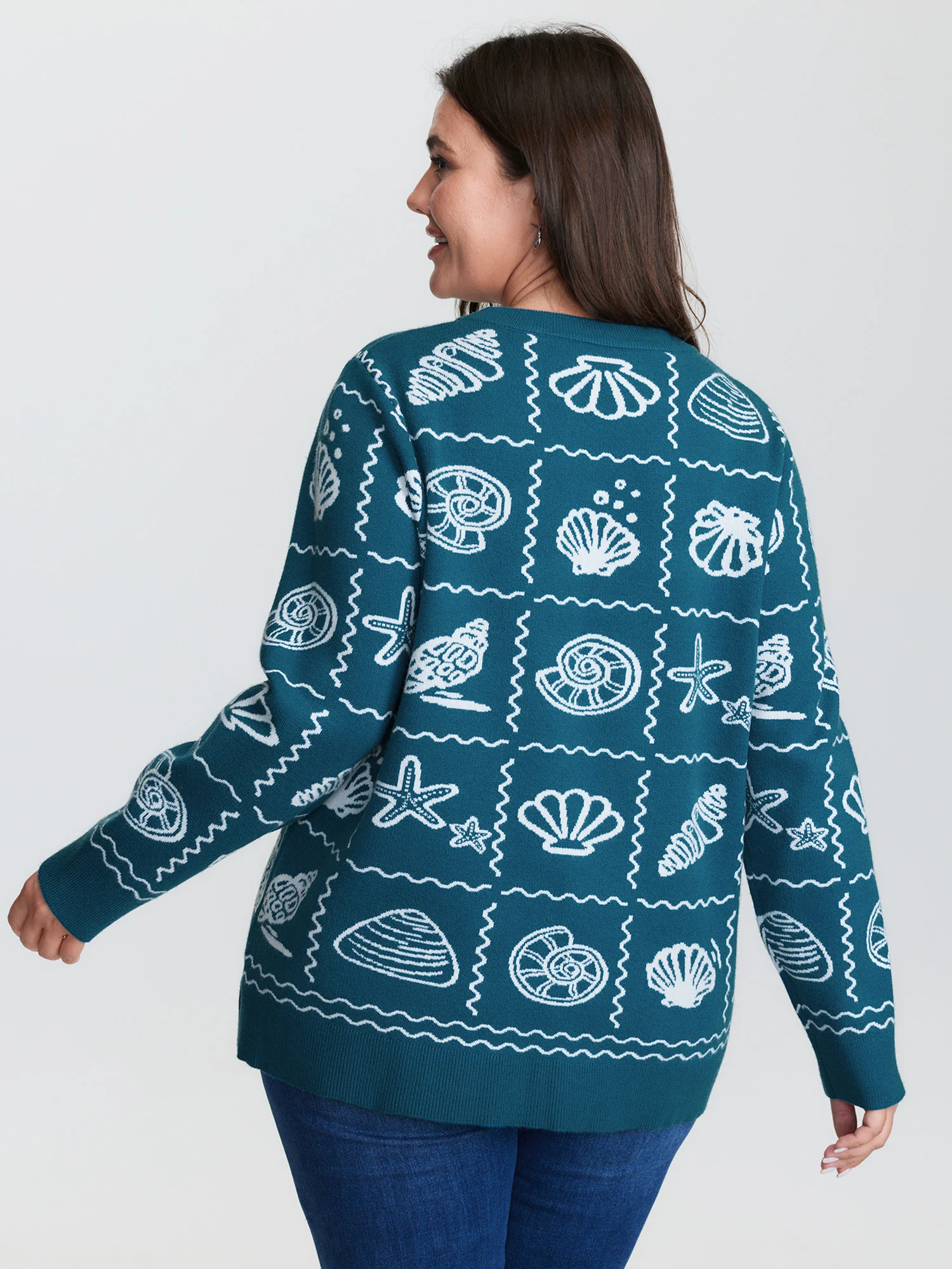Ocean Pattern Jacquard Ribbed Hem Pullover - Image 4