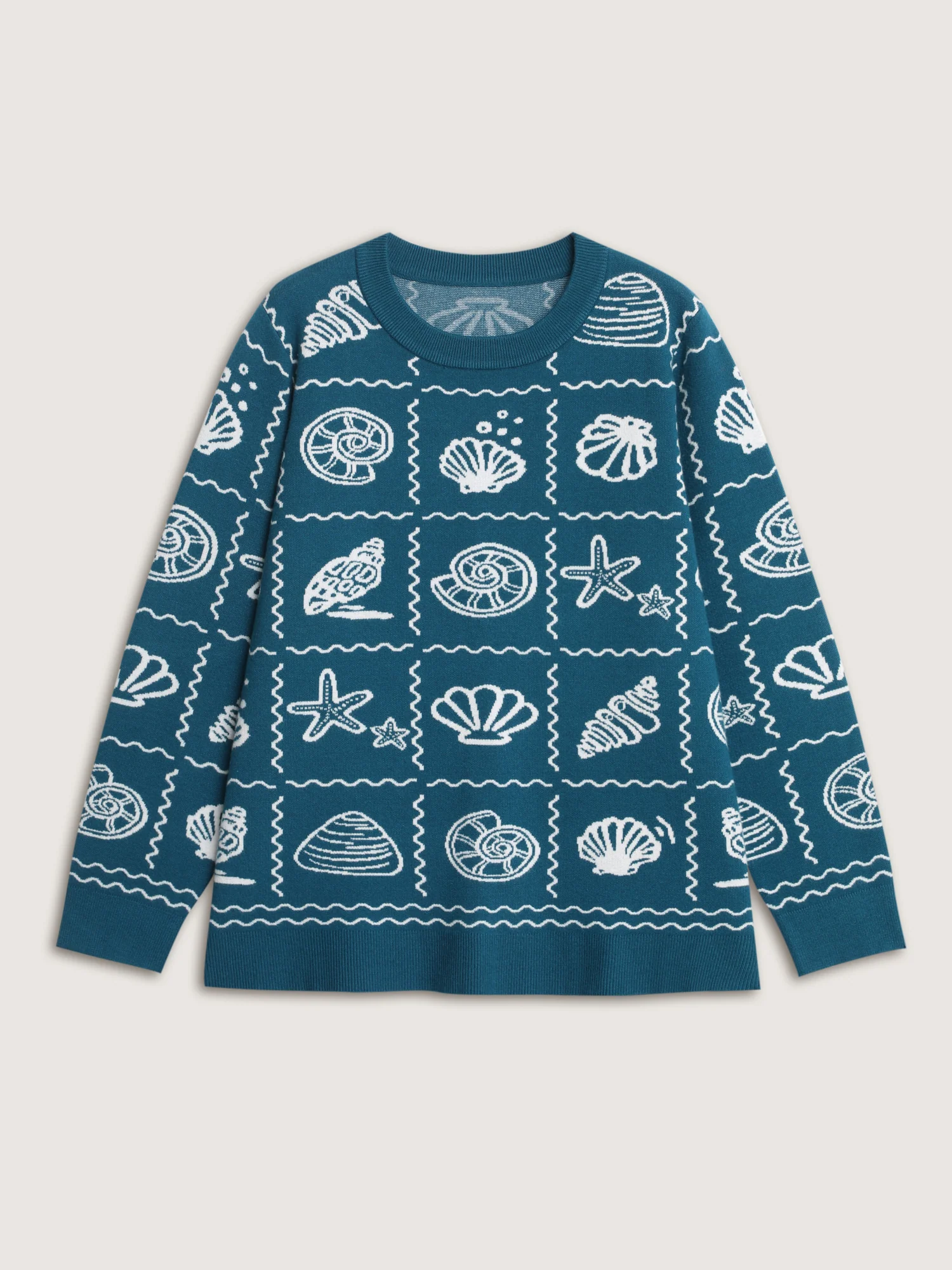 Ocean Pattern Jacquard Ribbed Hem Pullover - Image 7