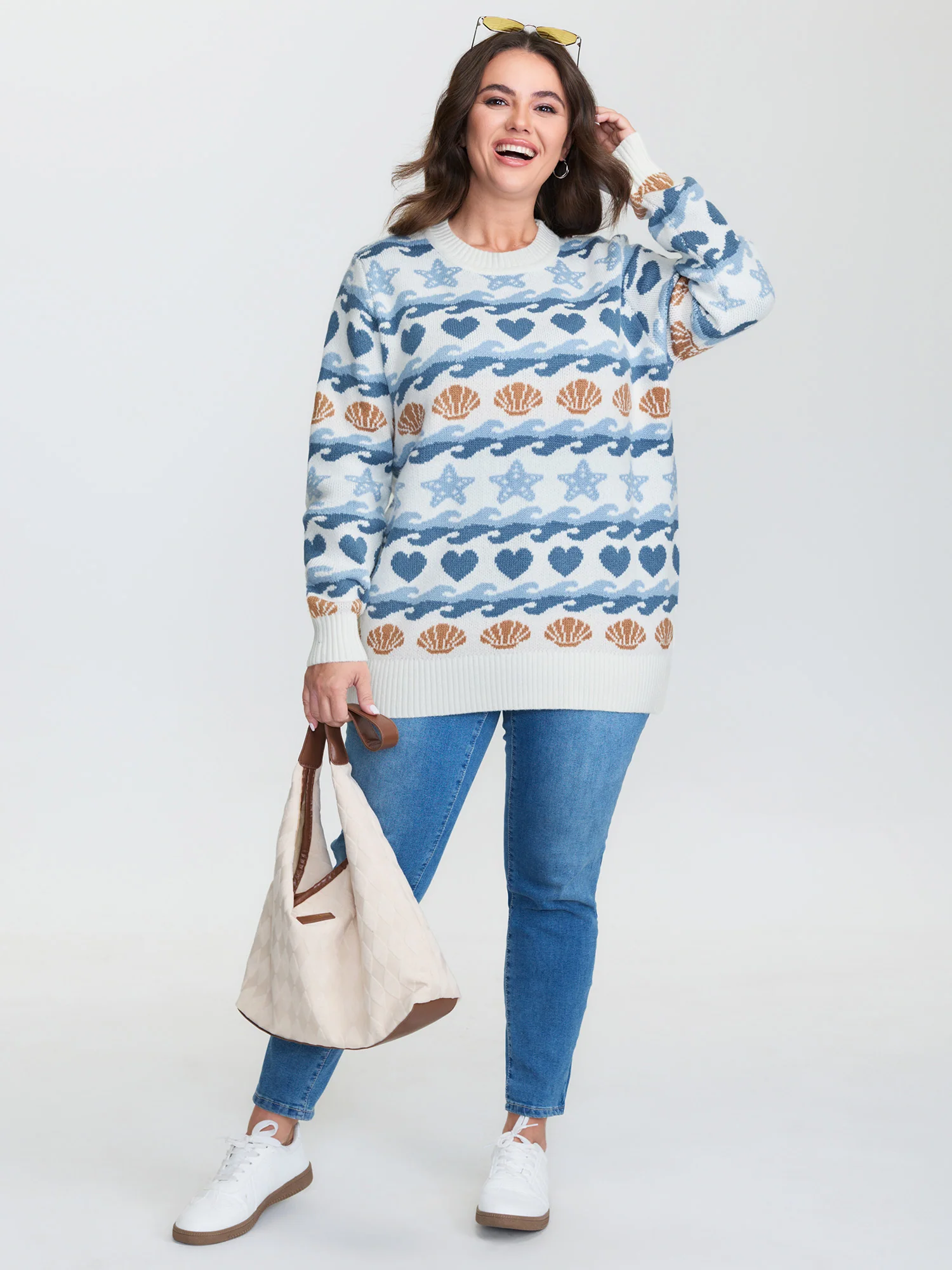 Ocean Pattern Jacquard Ribbed Hem Pullover - Image 3
