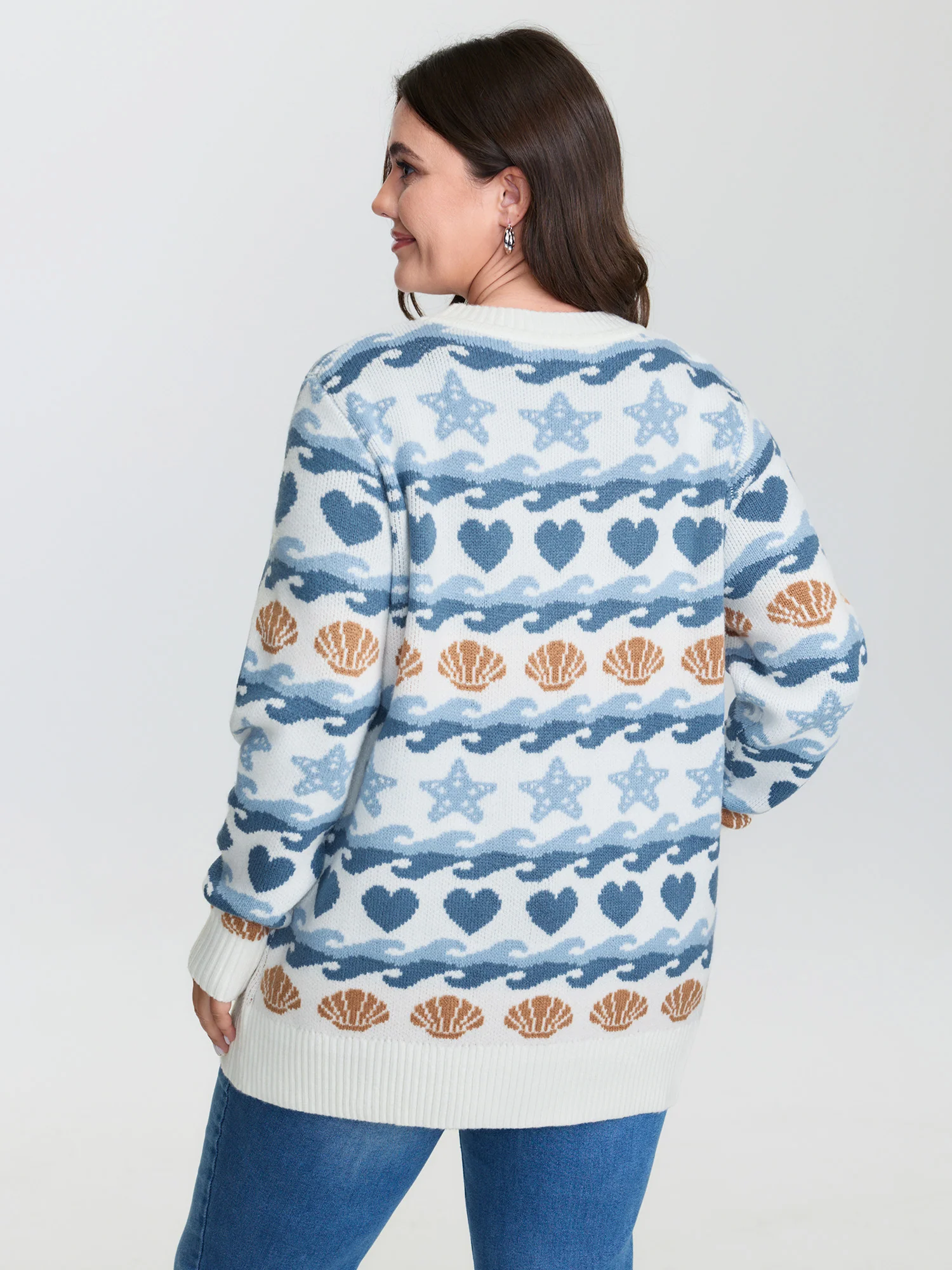 Ocean Pattern Jacquard Ribbed Hem Pullover - Image 4