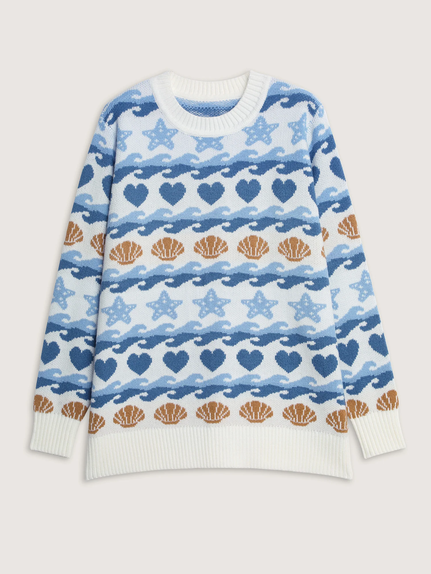 Ocean Pattern Jacquard Ribbed Hem Pullover - Image 7