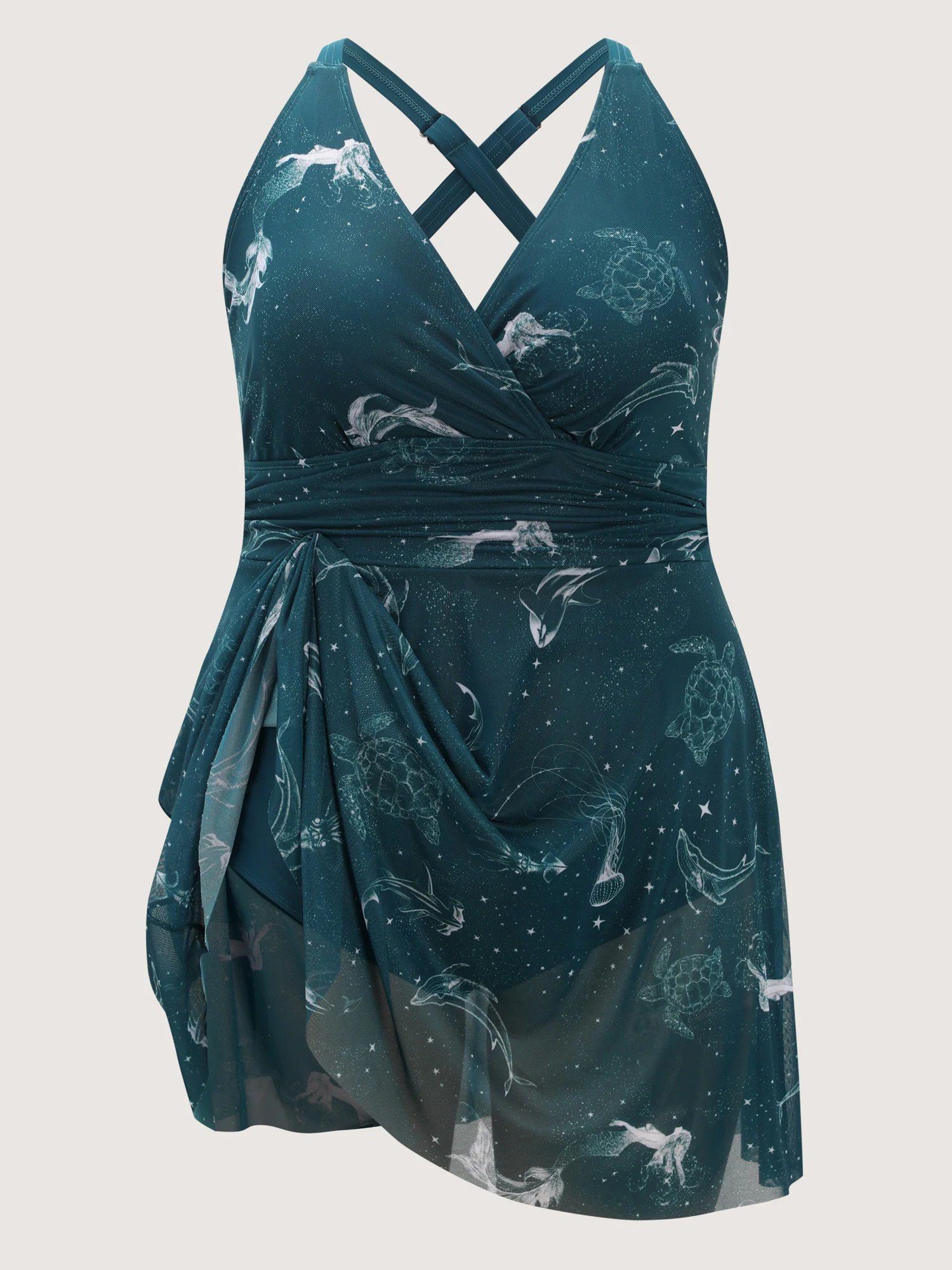 Ocean Pattern Mesh Surplice Swim Dress - Image 7