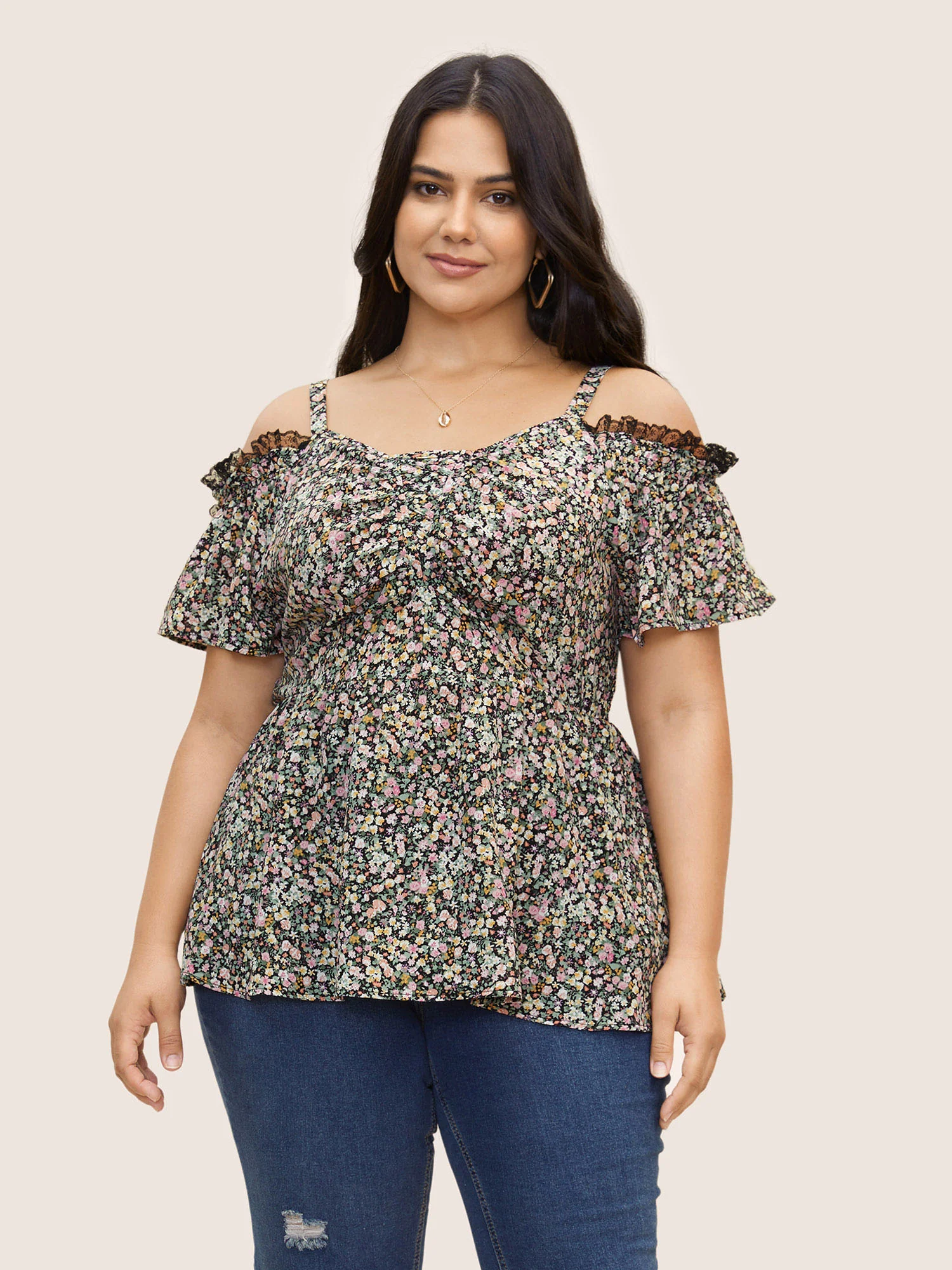 Off Shoulder Ditsy Floral Lace Panel Blouse - Image 2