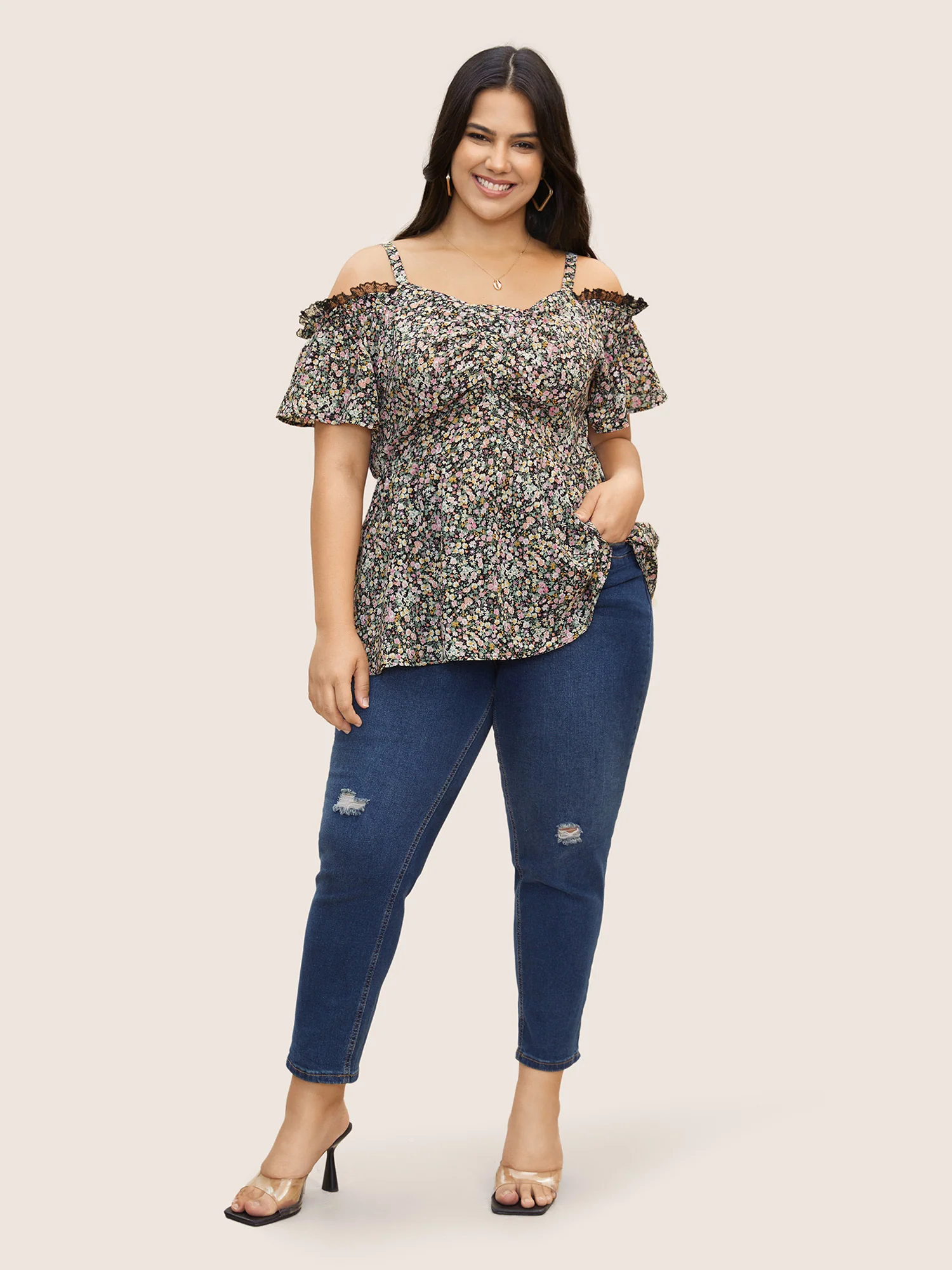 Off Shoulder Ditsy Floral Lace Panel Blouse - Image 3