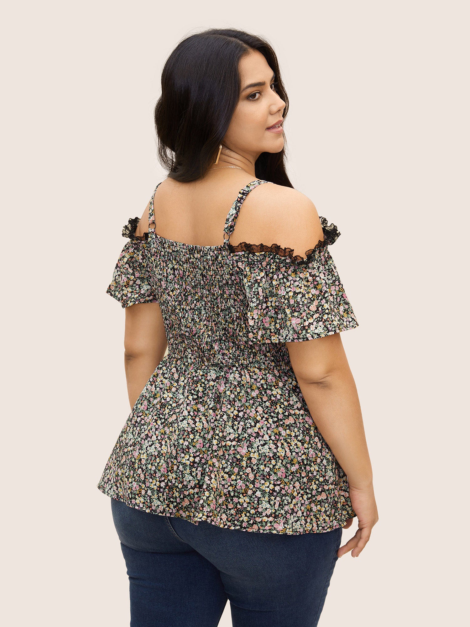 Off Shoulder Ditsy Floral Lace Panel Blouse - Image 5