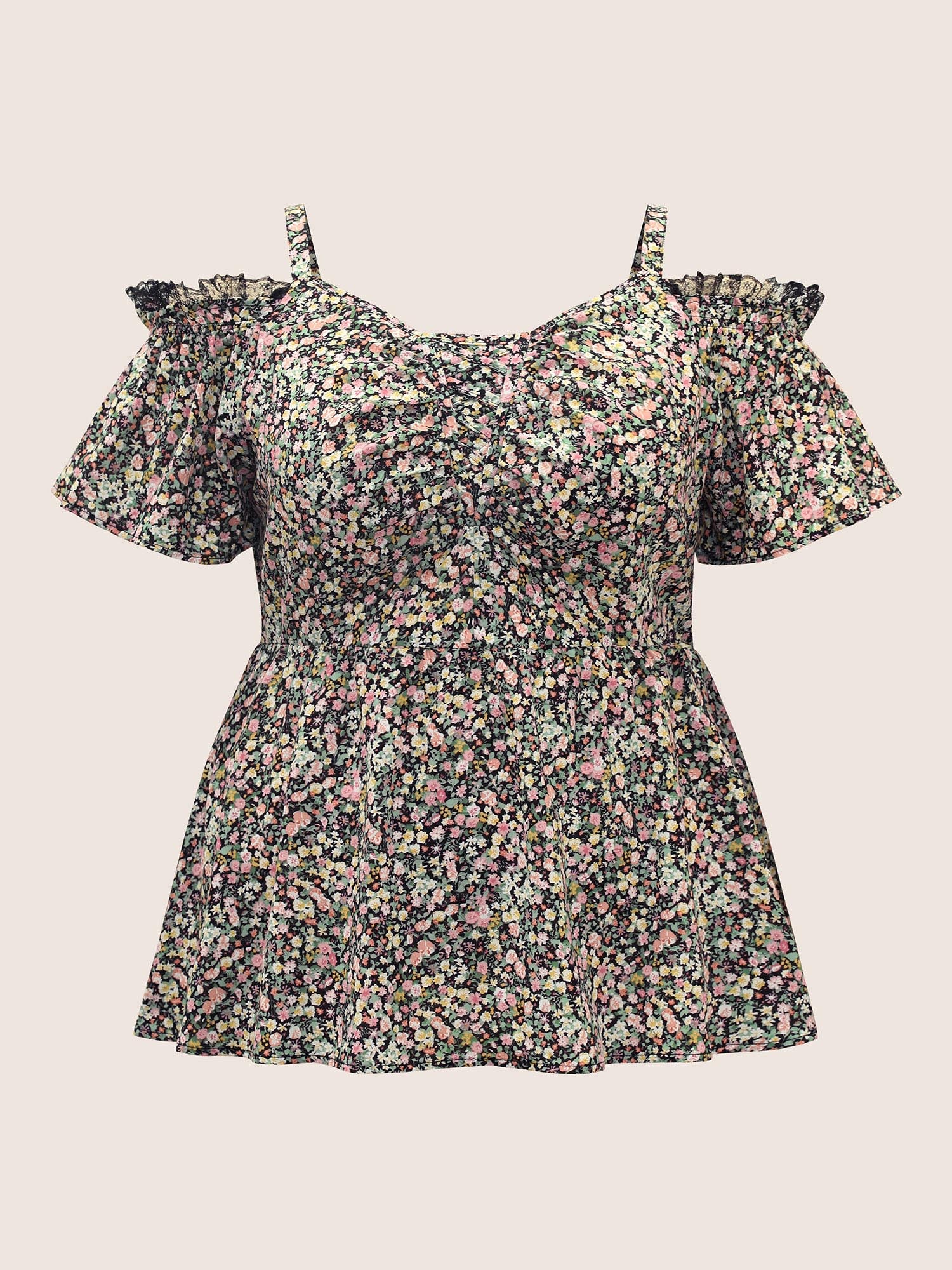 Off Shoulder Ditsy Floral Lace Panel Blouse - Image 8