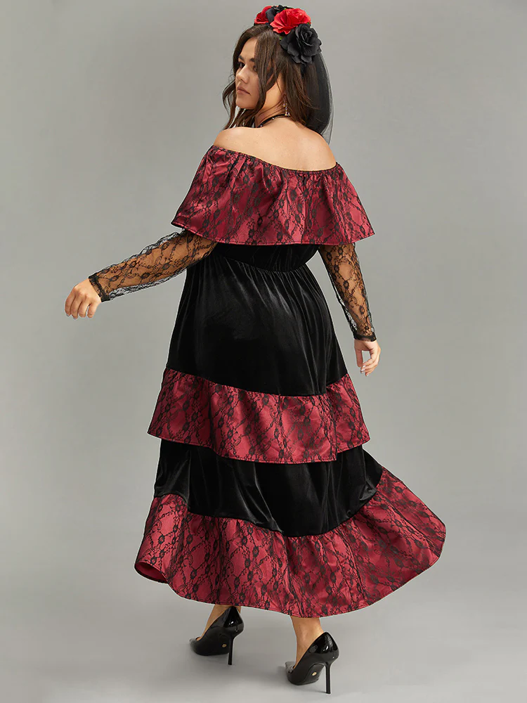 Off Shoulder Lace Insert Mesh Layered Dress - Image 2