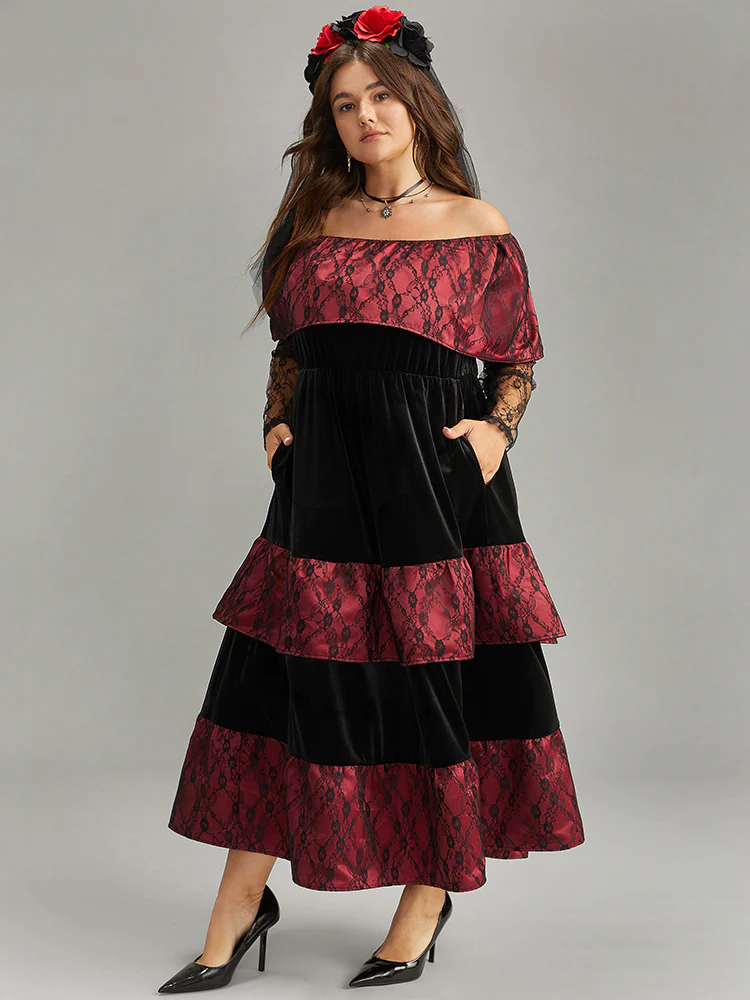 Off Shoulder Lace Insert Mesh Layered Dress - Image 3