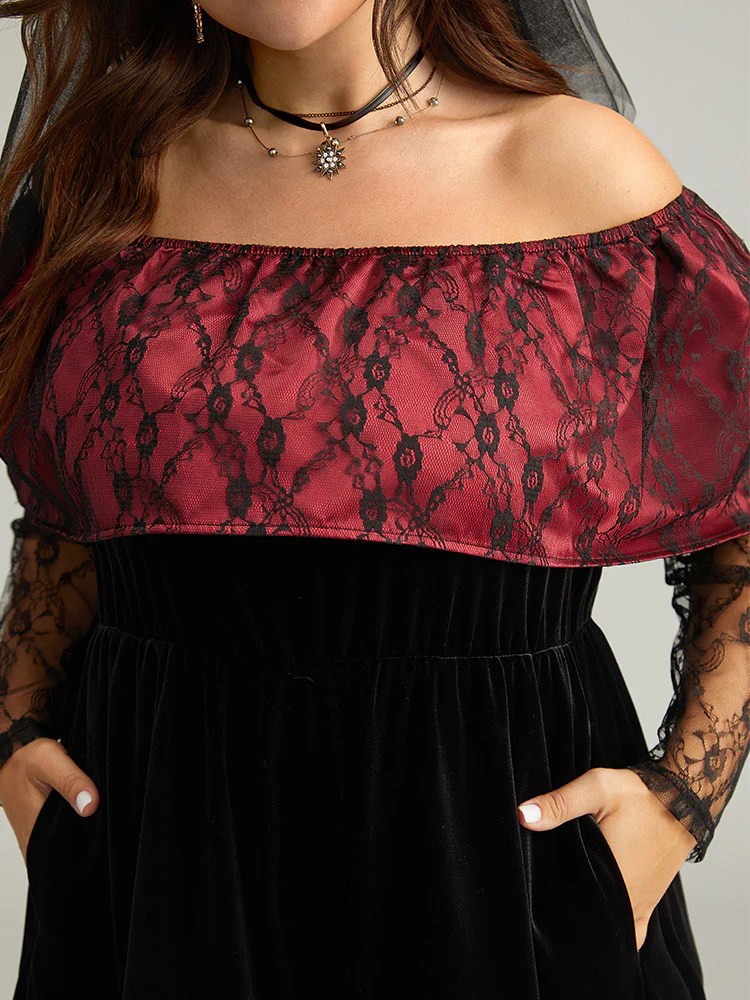 Off Shoulder Lace Insert Mesh Layered Dress - Image 4