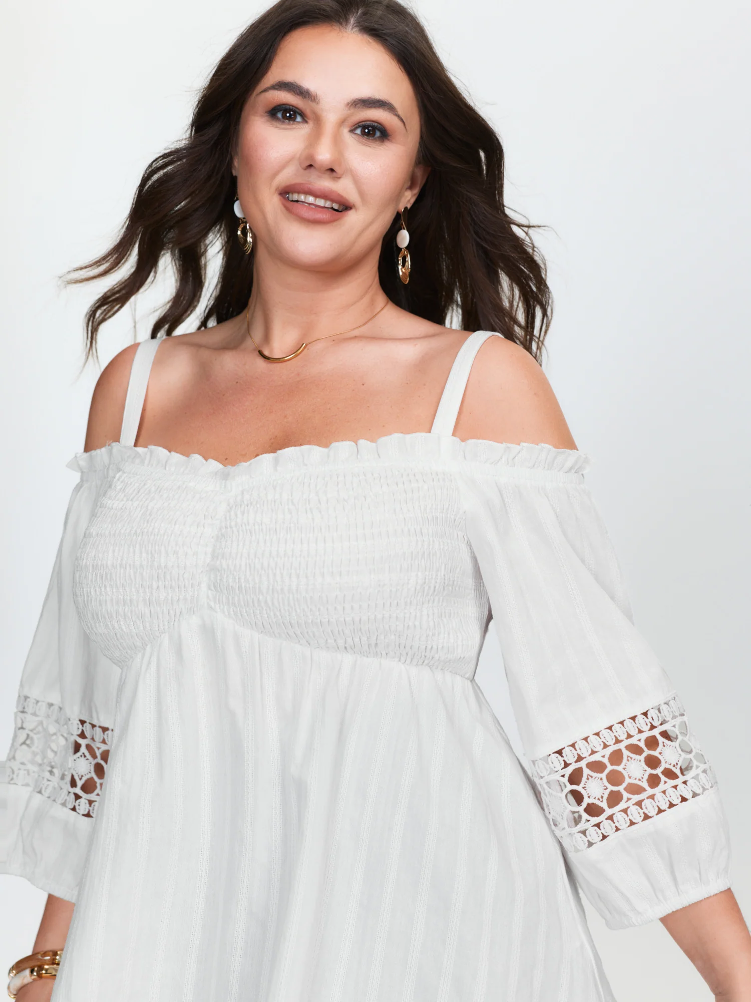 Cotton Off-Shoulder Lace Trim Sleeve Blouse - Image 2