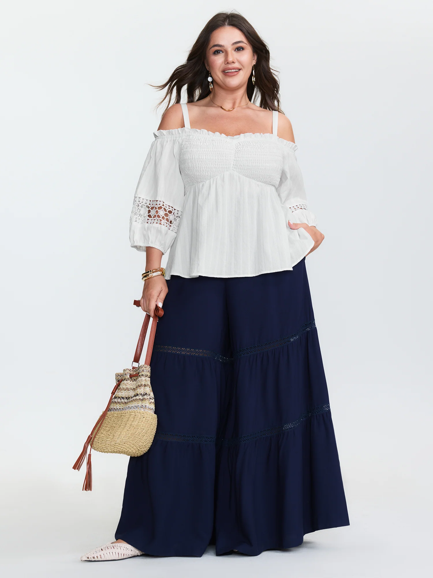 Cotton Off-Shoulder Lace Trim Sleeve Blouse - Image 3