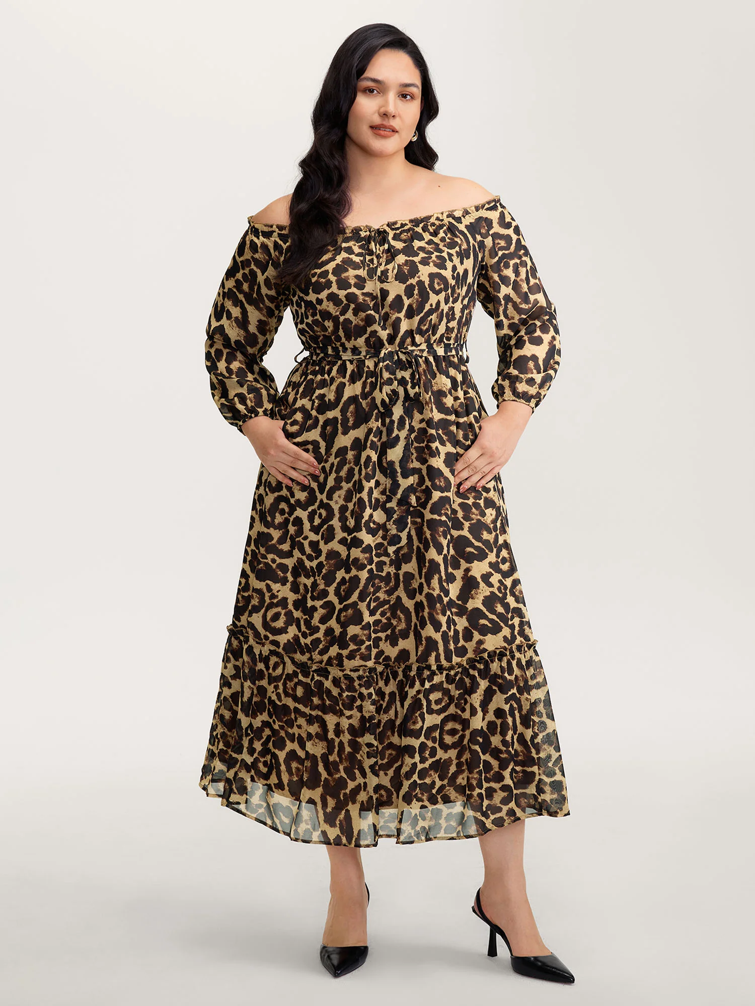 Off-Shoulder Leopard Print Sheer Maxi Dress - Image 3