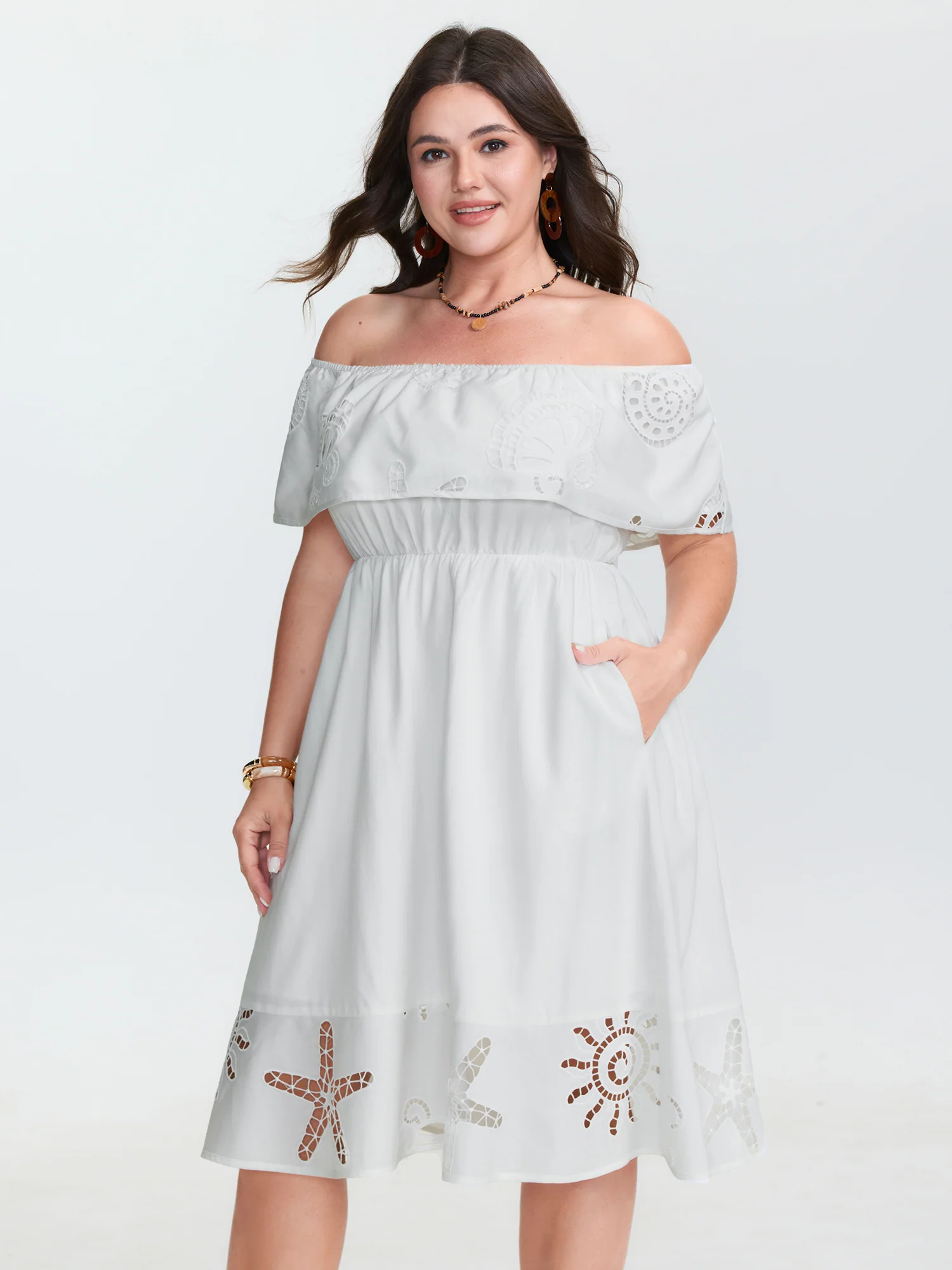 Ocean Pattern Embroidered Cut-Out Midi Dress