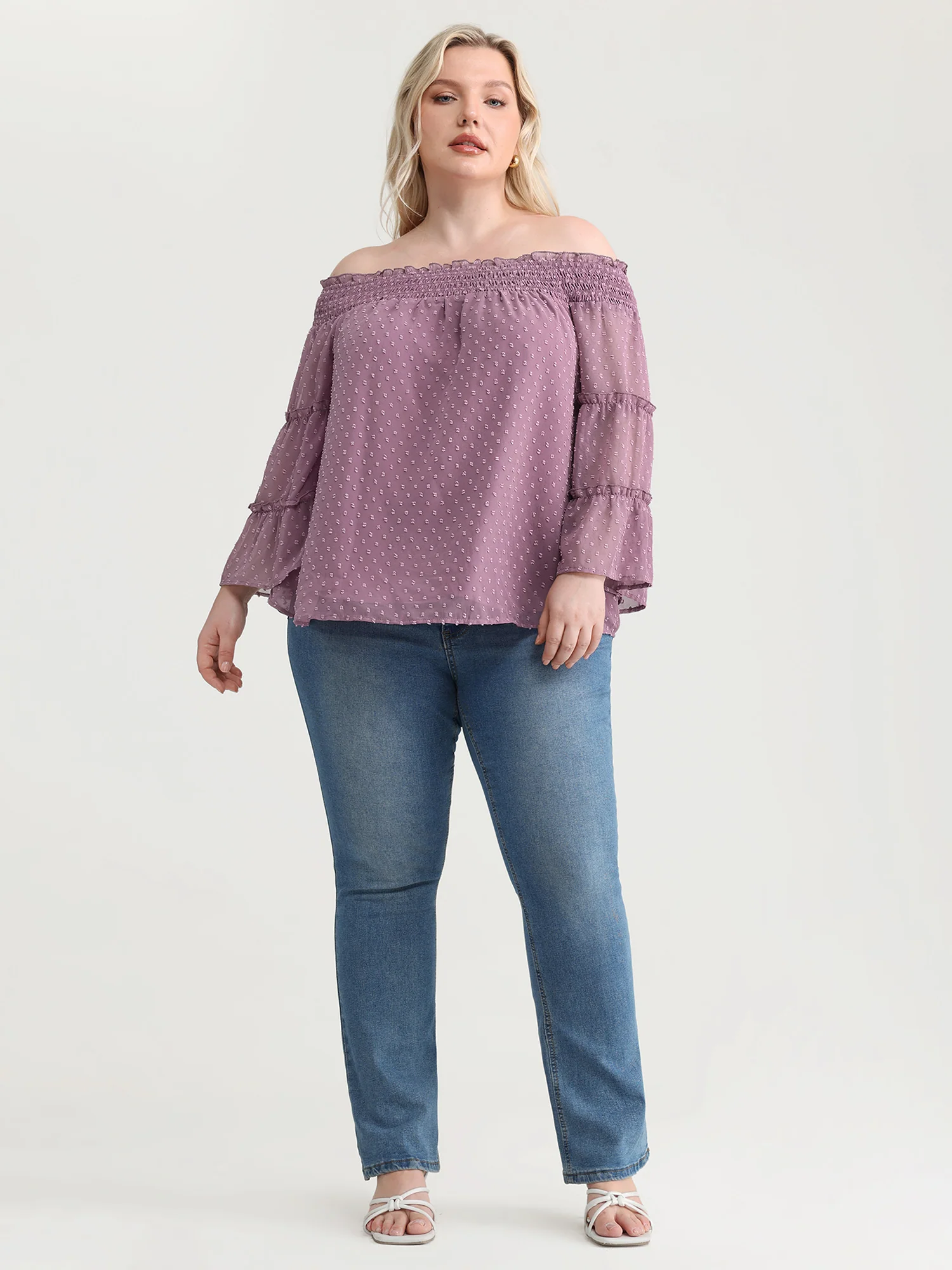 Off-Shoulder Shirred Flared Sleeve Blouse - Image 3