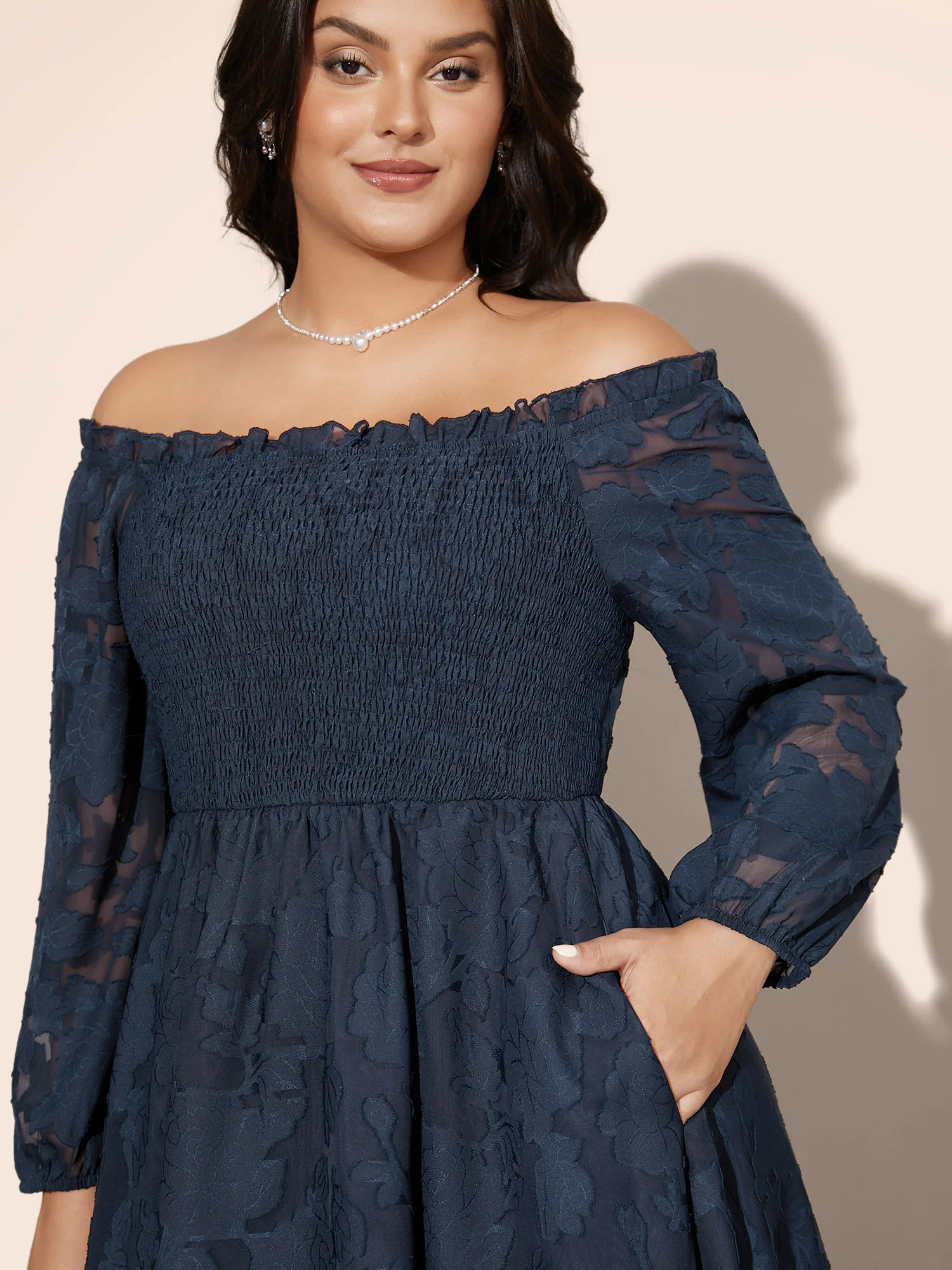 Off Shoulder Shirred Frill Trim Dress - Image 2