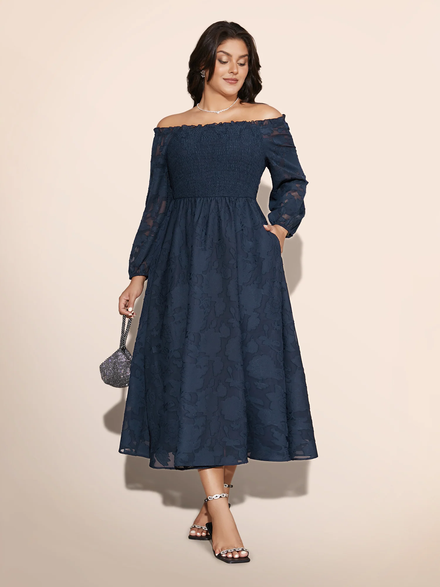 Off Shoulder Shirred Frill Trim Dress - Image 3