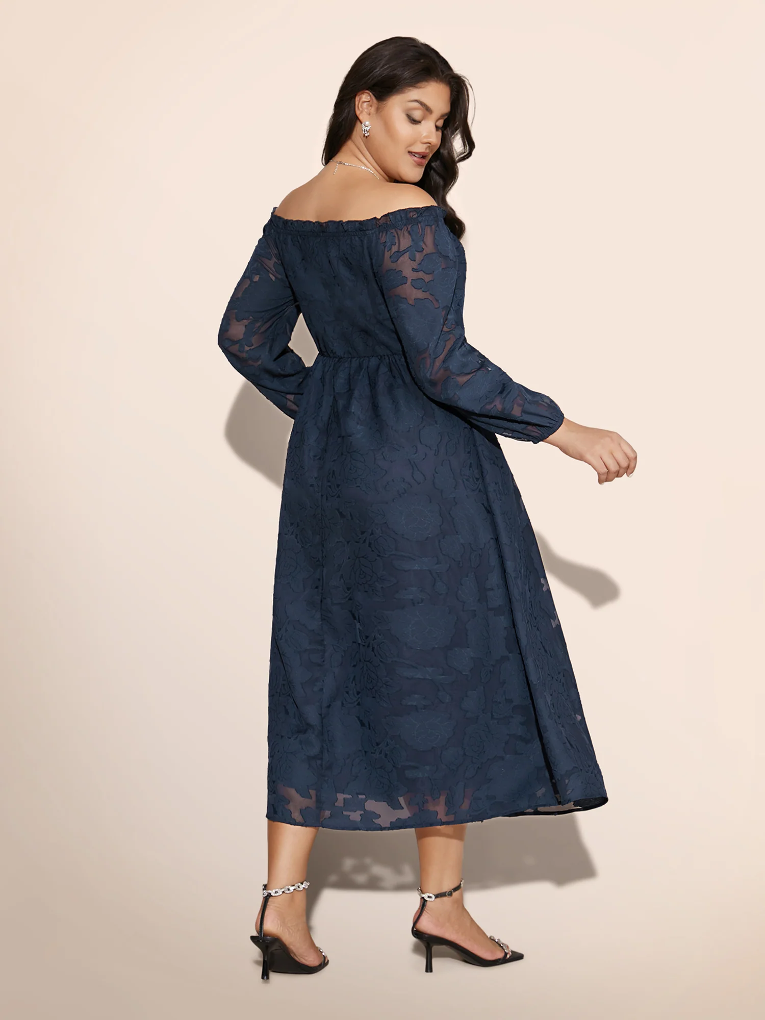 Off Shoulder Shirred Frill Trim Dress - Image 4