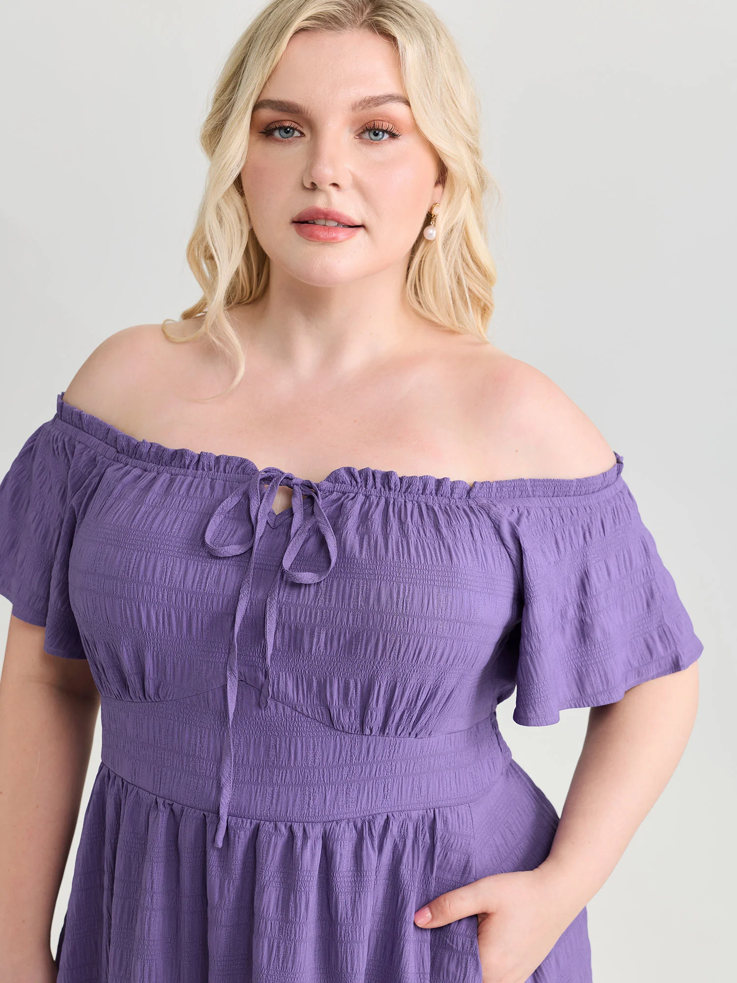 Off-Shoulder Shirred High Low Hem Midi Dress - Image 2