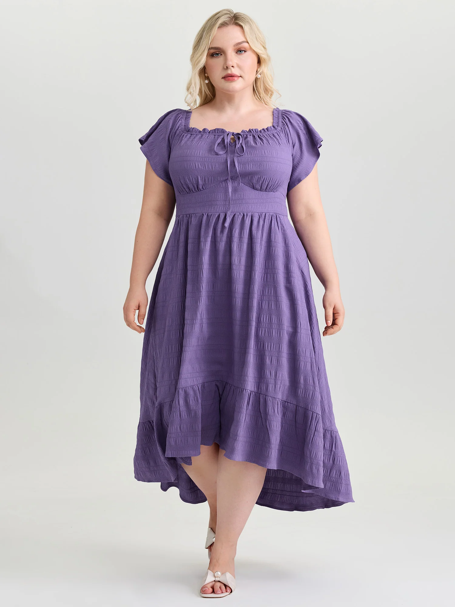 Off-Shoulder Shirred High Low Hem Midi Dress - Image 3