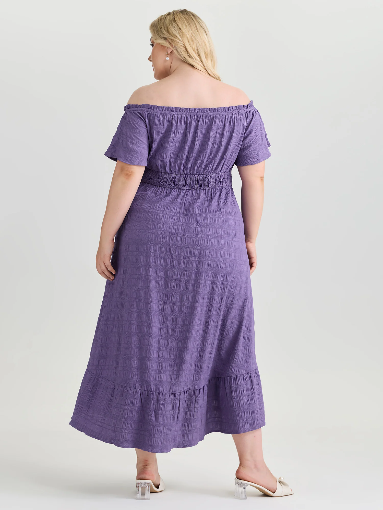 Off-Shoulder Shirred High Low Hem Midi Dress - Image 4