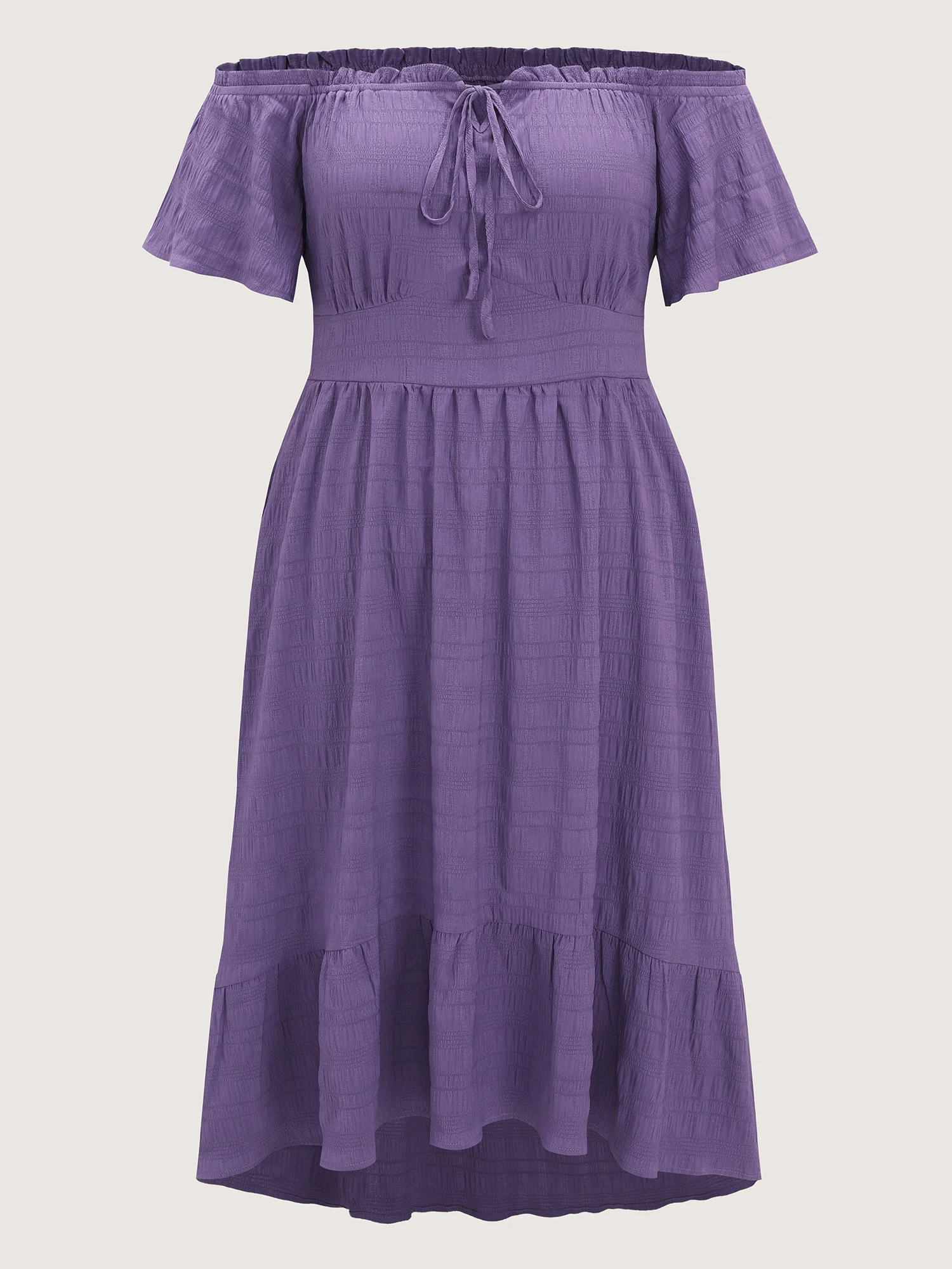 Off-Shoulder Shirred High Low Hem Midi Dress - Image 7