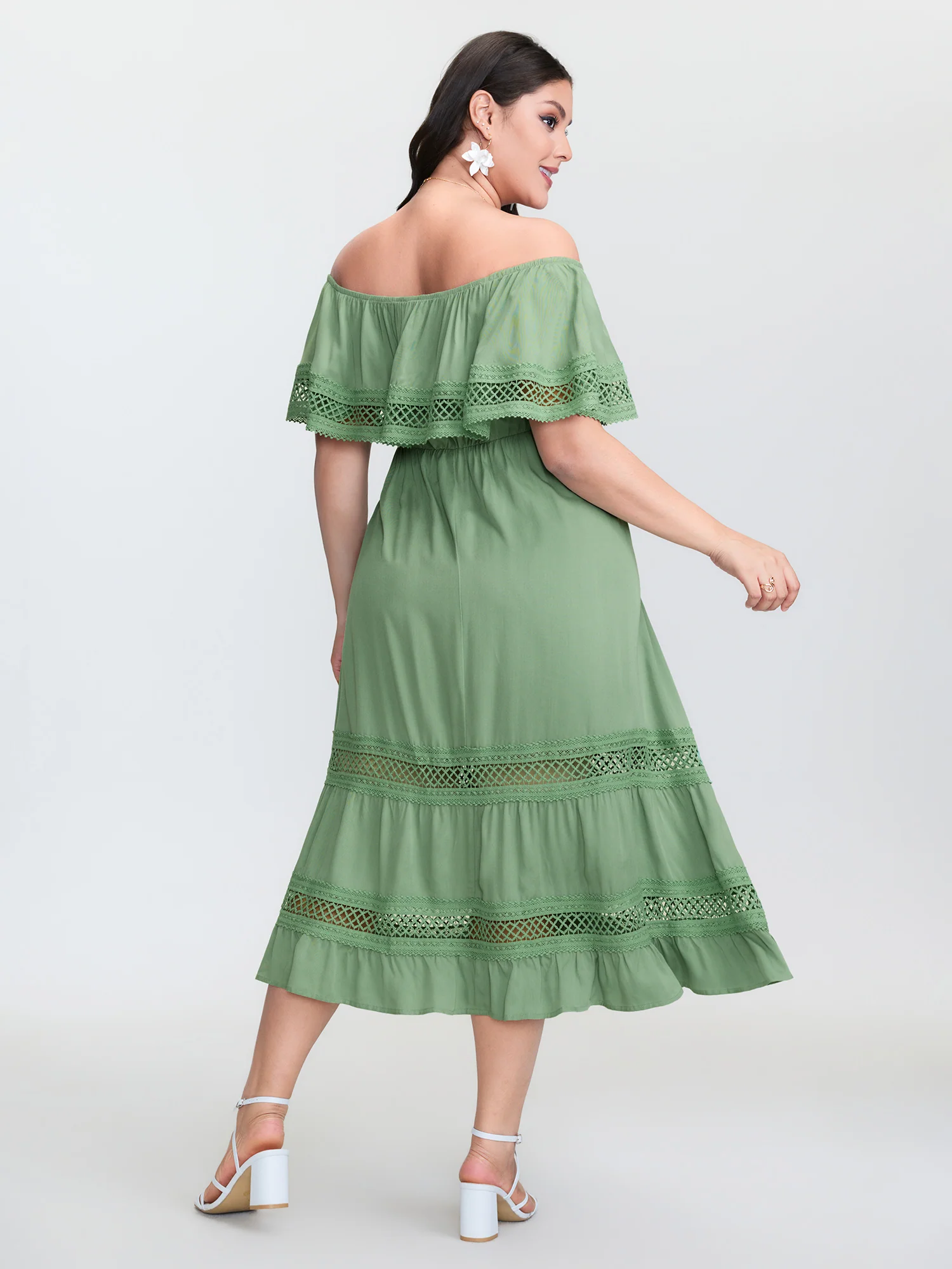Off-Shoulder Stretchy Waist Lace Trim Maxi Dress - Image 4