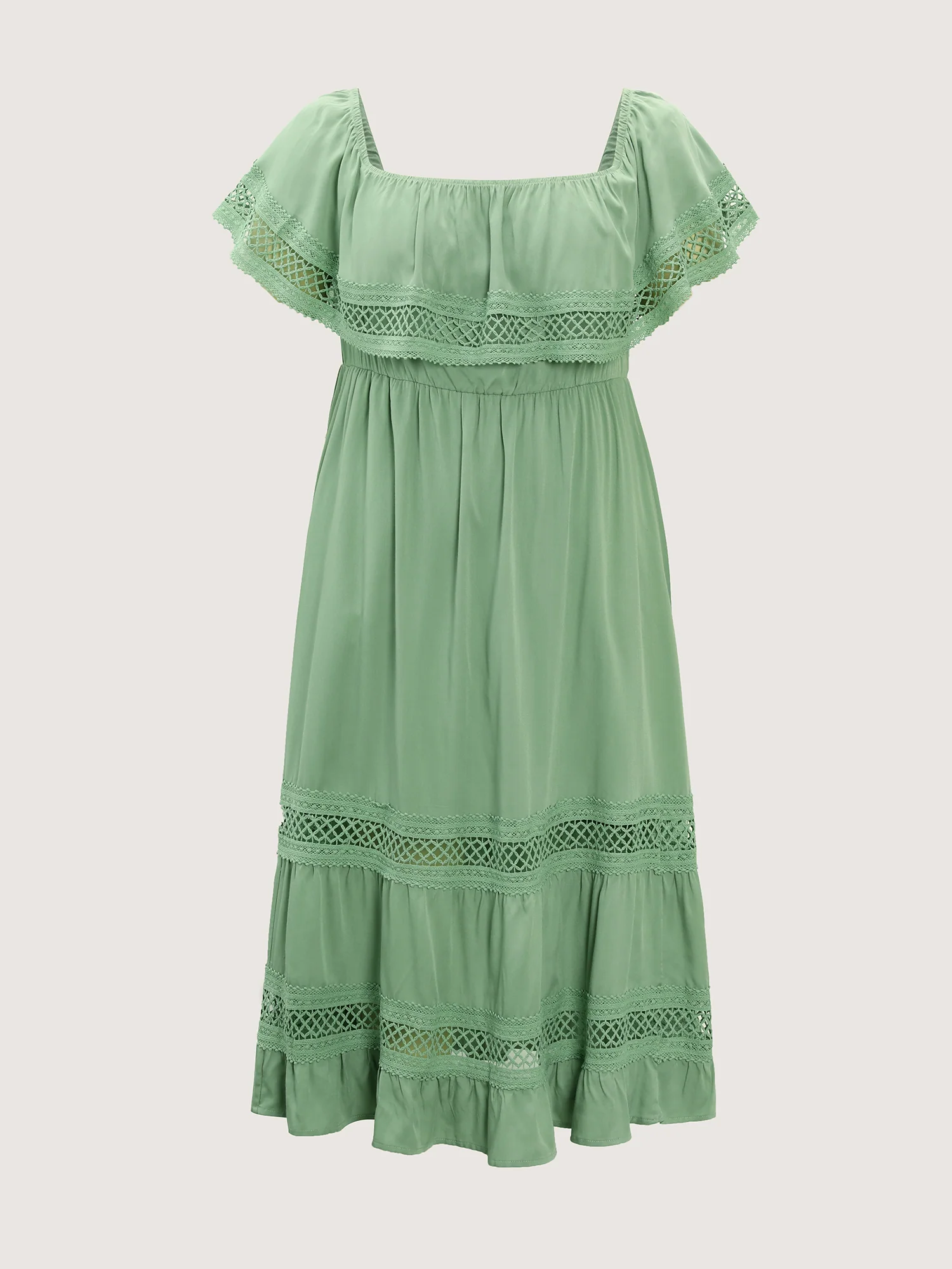 Off-Shoulder Stretchy Waist Lace Trim Maxi Dress - Image 7