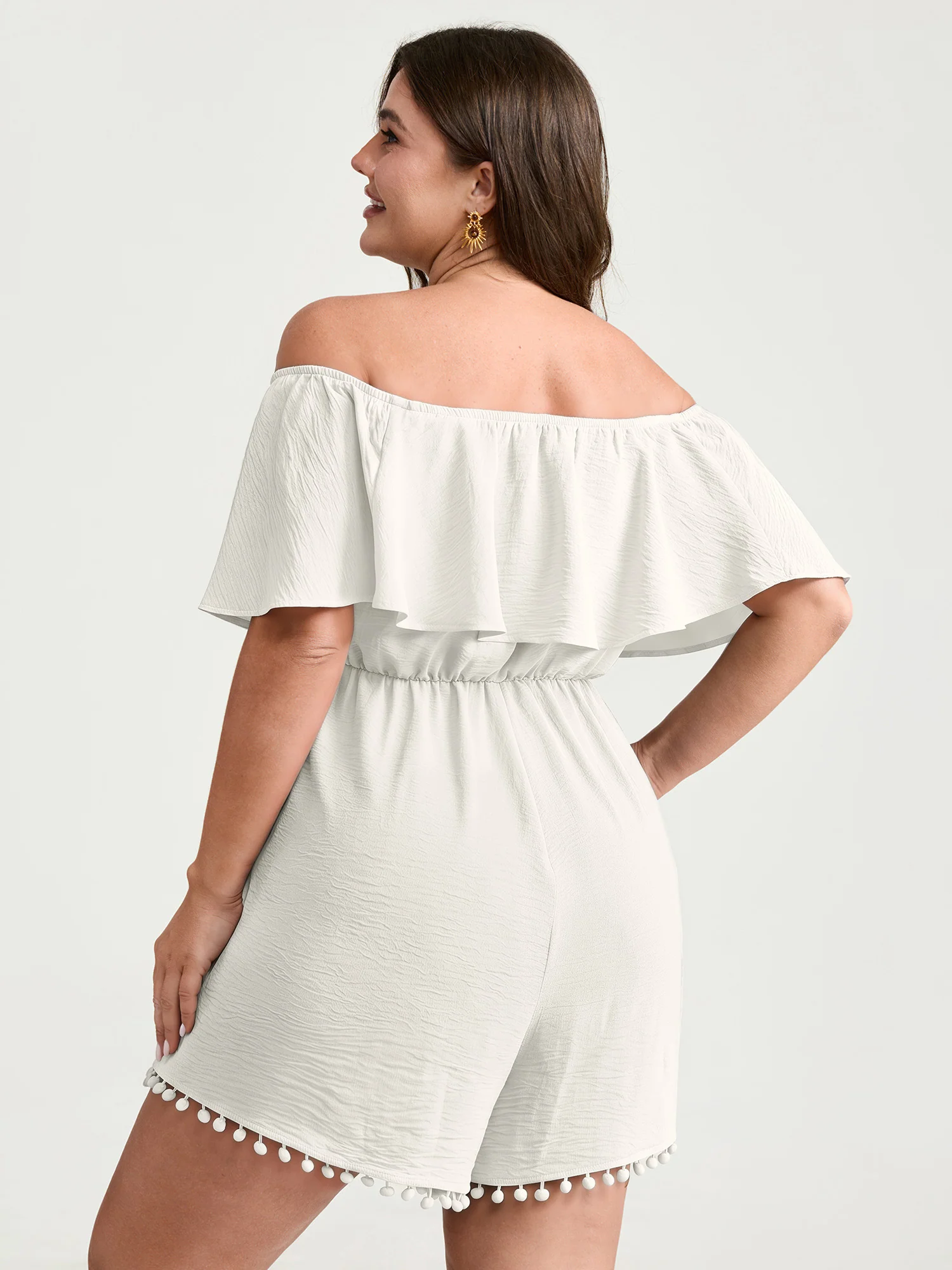 Off-Shoulder Tassel Hem Romper - Image 11