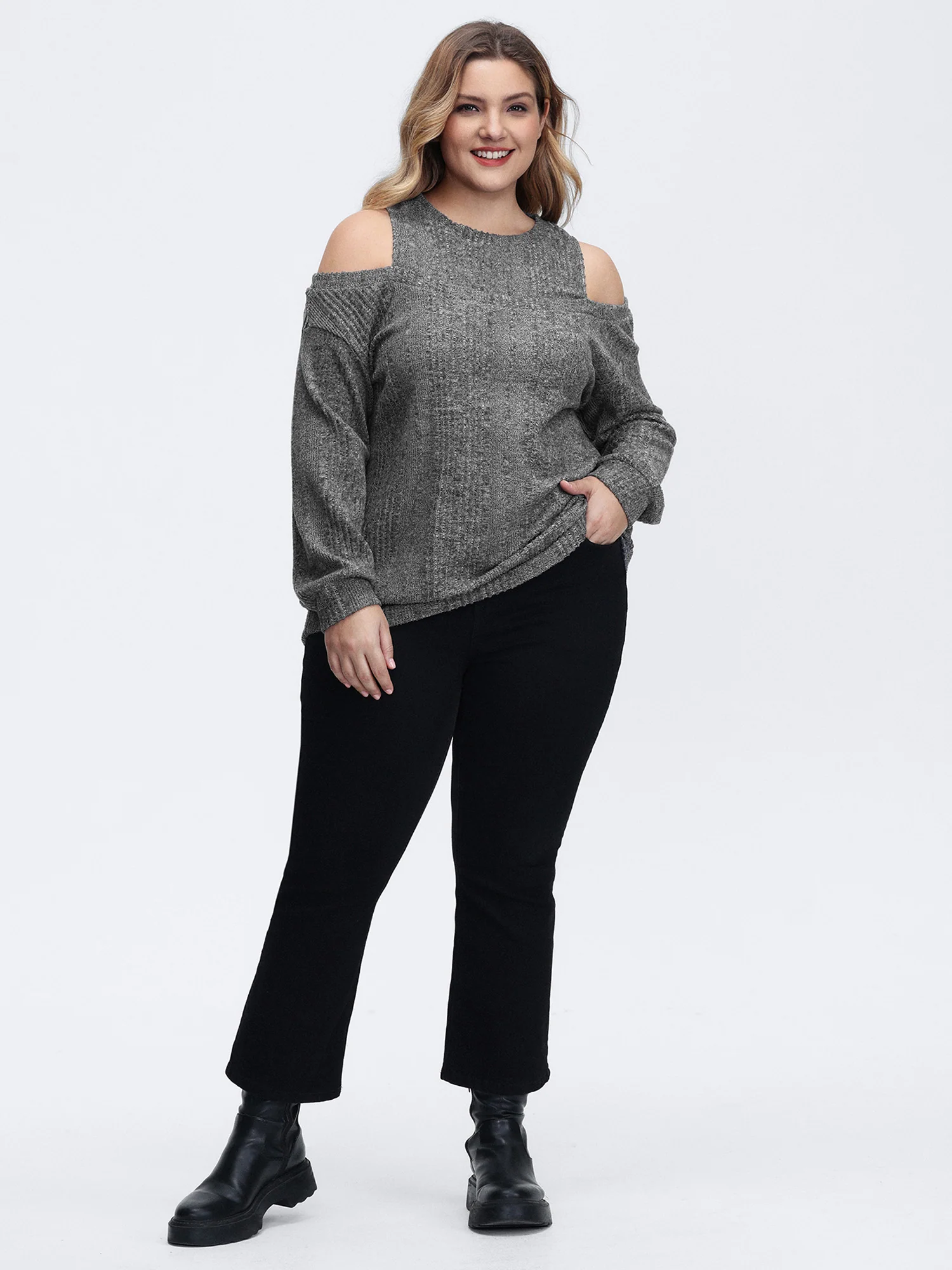 Off-Shoulder Textured Solid Sweatshirt - Image 3