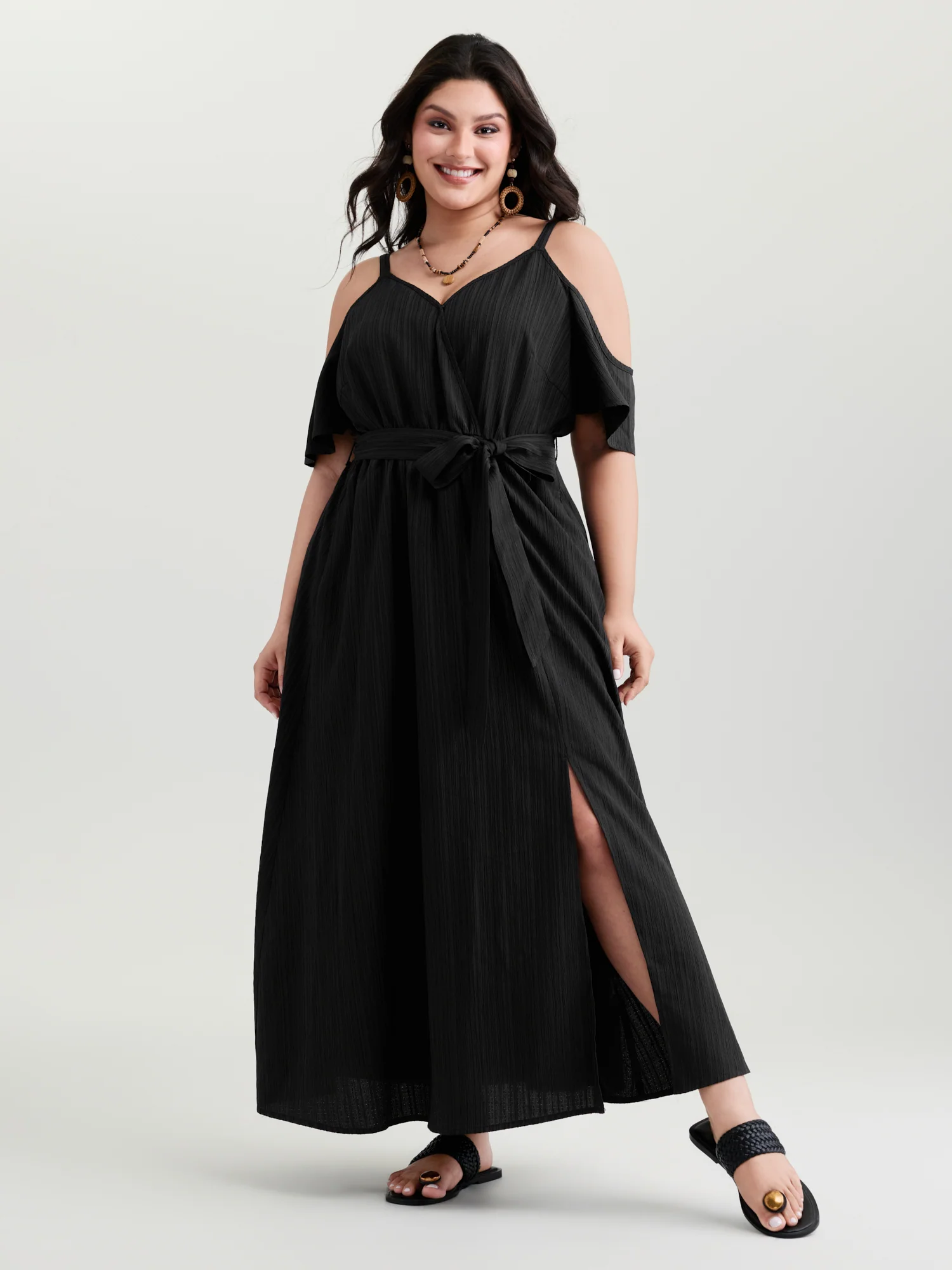 Off-Shoulder Textured Waist-Tie Maxi Dress - Image 3