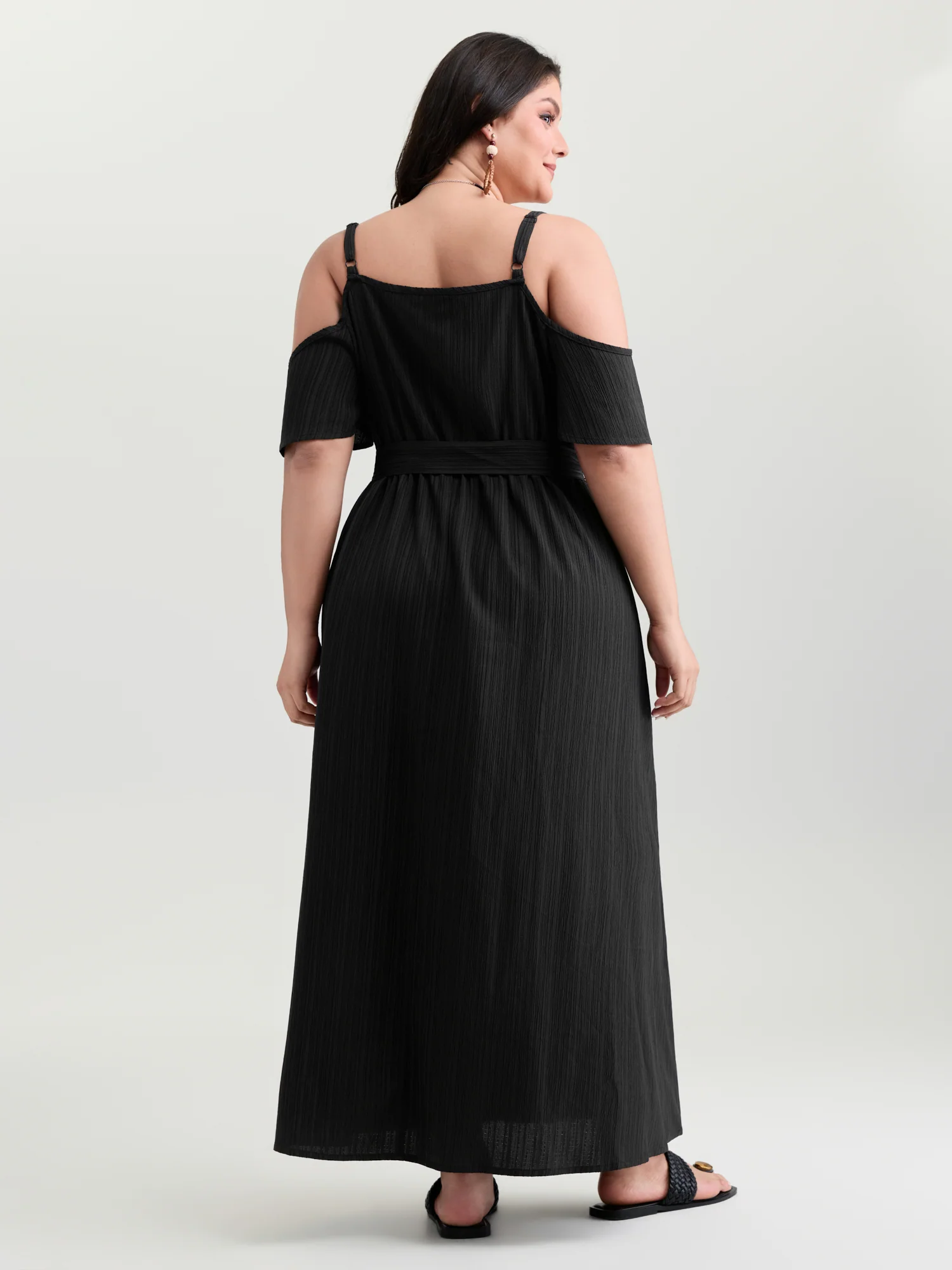 Off-Shoulder Textured Waist-Tie Maxi Dress - Image 4