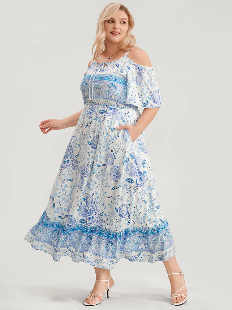 Off Shoulder Tie Neck Floral Print Midi Dress - Image 2