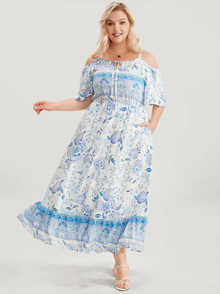 Off Shoulder Tie Neck Floral Print Midi Dress - Image 3