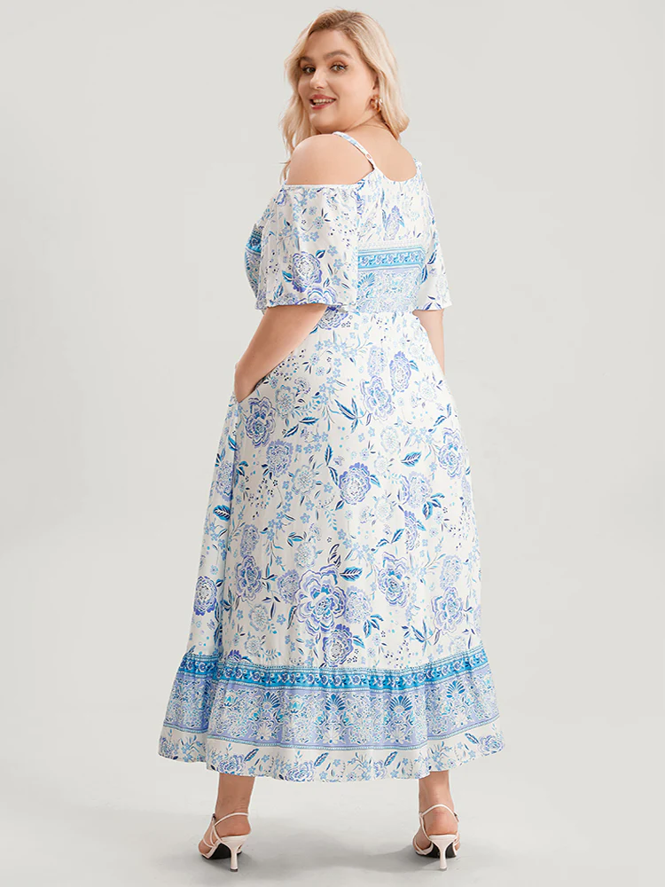Off Shoulder Tie Neck Floral Print Midi Dress - Image 4