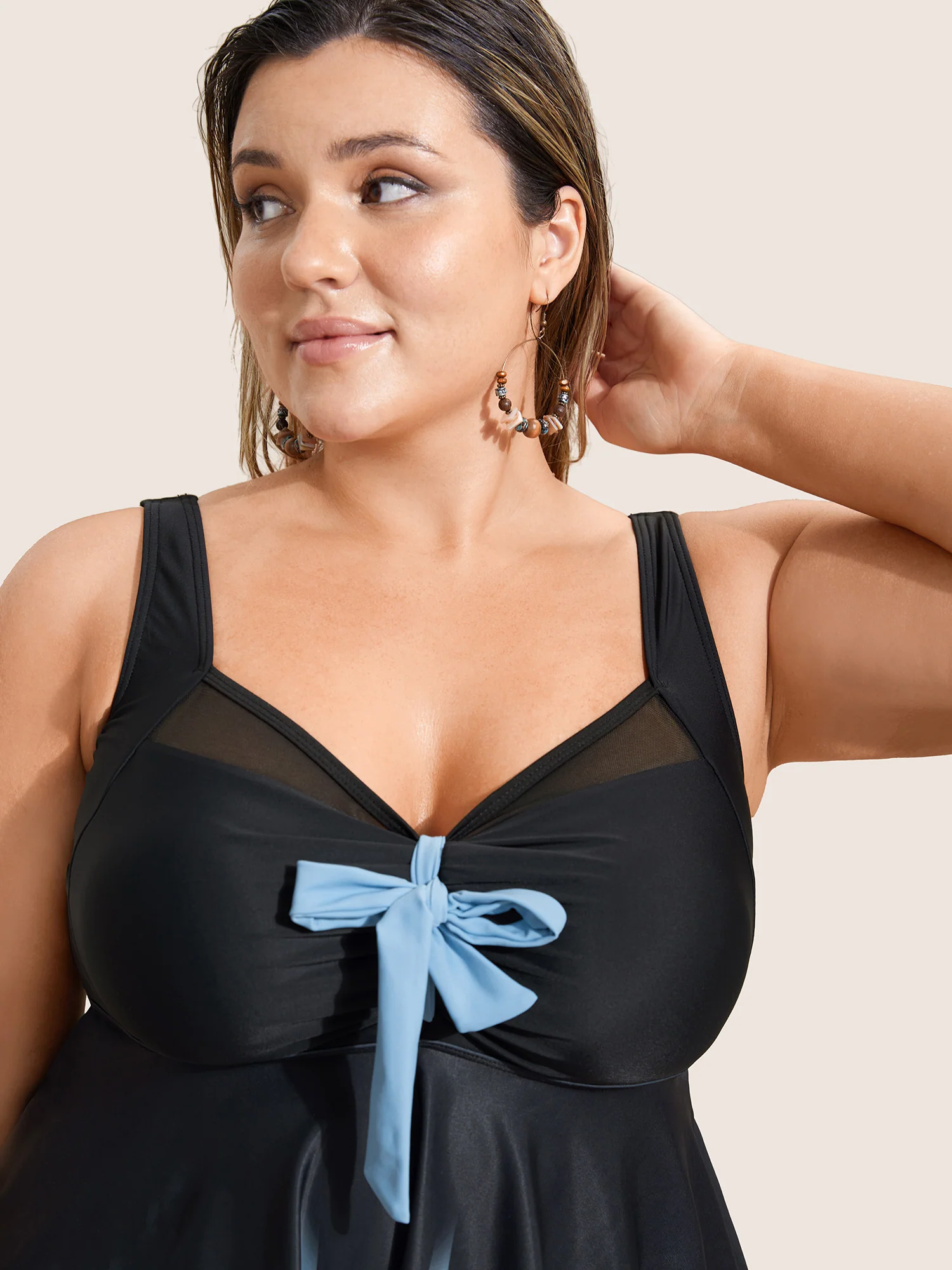 Ombre Bowknot Ruched Mesh Patchwork Swim Top - Image 5